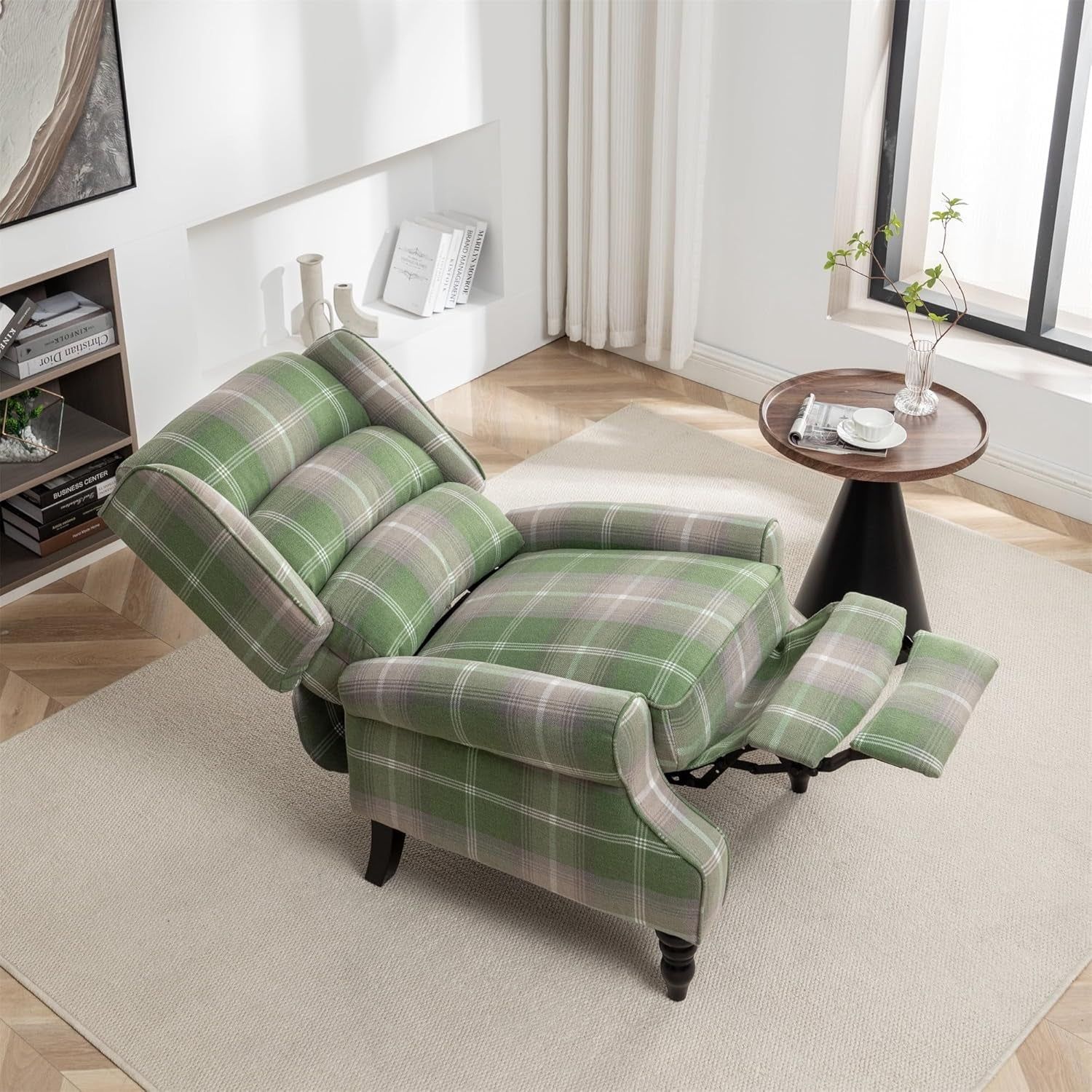 Upholstered Wingback Recliner Chair, Plaid Recliner Chair Armchair Adjustable Footrest Push Back Reclining Sofa, Mid-Century Modern Lounge Armchair for Living Room, Bedroom, Reading -- Green