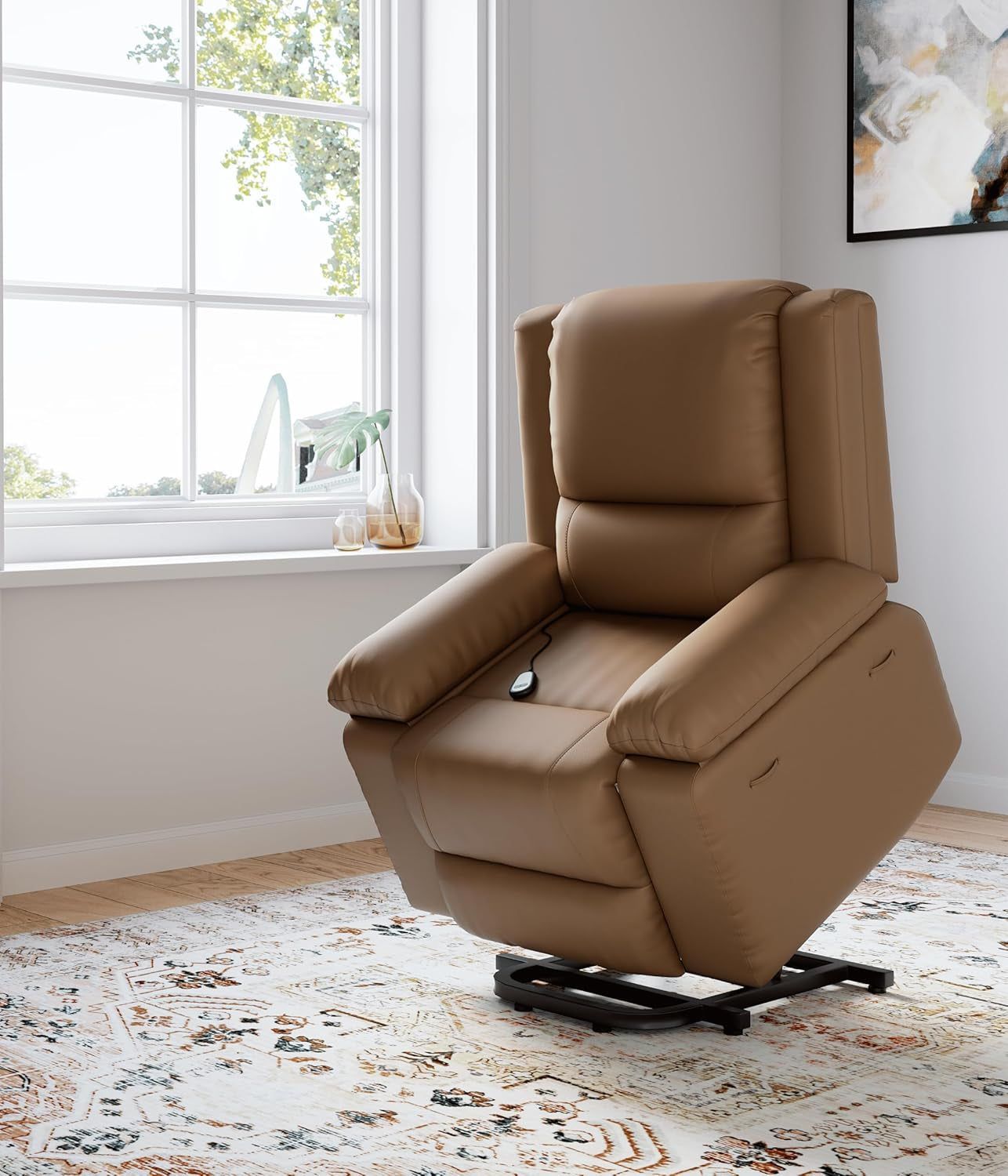 Oversized Faux Leather Power Lift Recliner W/Massage and Heat for Elderly, Recliner Chairs with Pockets for Living Room (Khaki, Large)