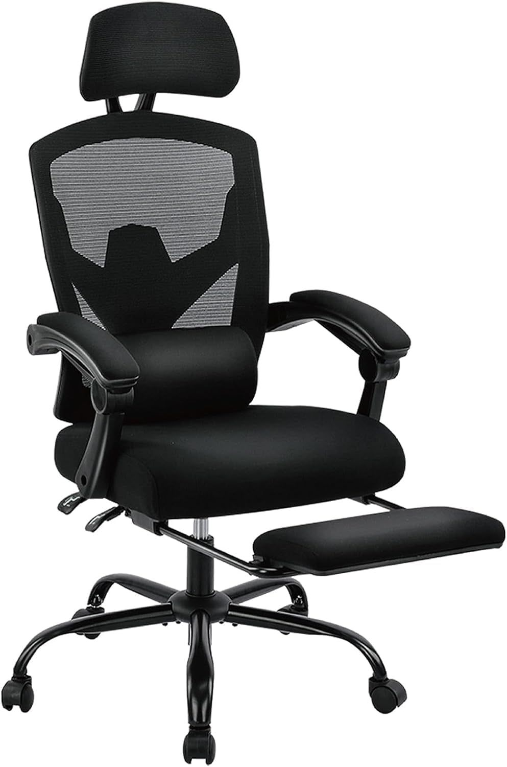 Home Office Desk Chair with Footrest, High-Back Mesh Rolling Swivel Reclining Chairs with Wheels, Comfortable Headrest, Lumbar Support, Comfy Arms for Home, Office, Gaming, Student, Black