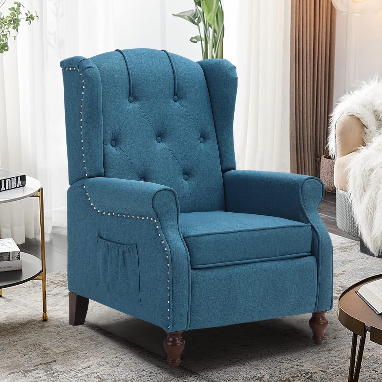 Wingback Recliner Chair with Massage and Heat Tufted Fabric Push Back Recliner Chair for Living Room Vintage Recliner Chair with Remote Control, Padded Cushion, Backrest, Wooden Legs