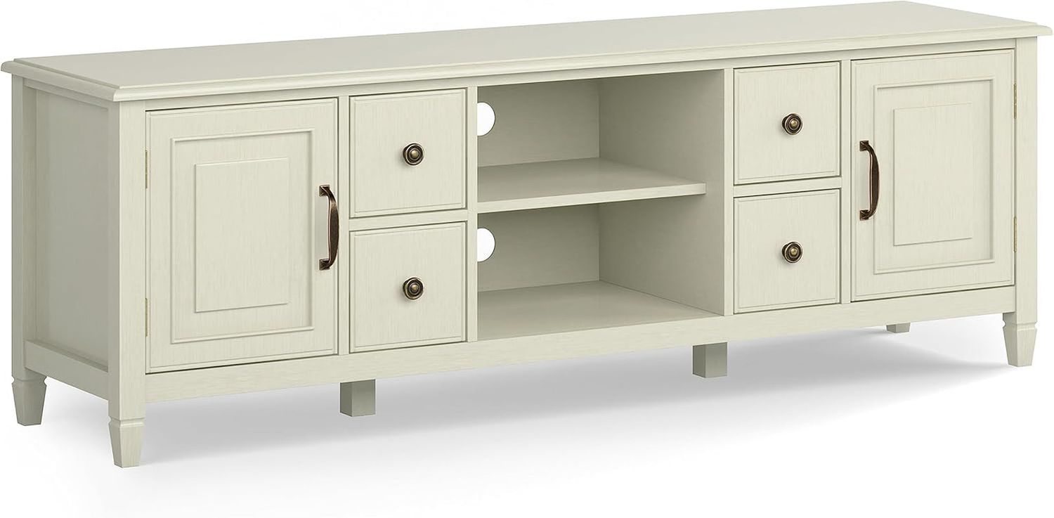 Connaught Solid Wood 72 Inch Wide Traditional TV Media Stand in Antique White for Tvs up to 80 Inches, for the Living Room and Entertainment Center