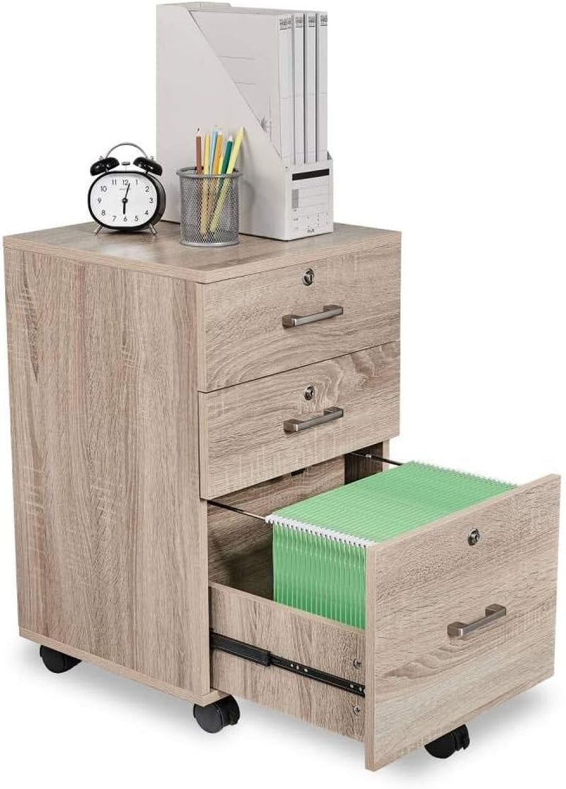 26&quot;H 3 Drawer File Cabinet with Lock, Rolling File Cabinet under Desk, Mobile File Cabinets for Home Office, Wood File Cabinet Printer Stand for Letter Size File Folders, Assembly Required, Oak