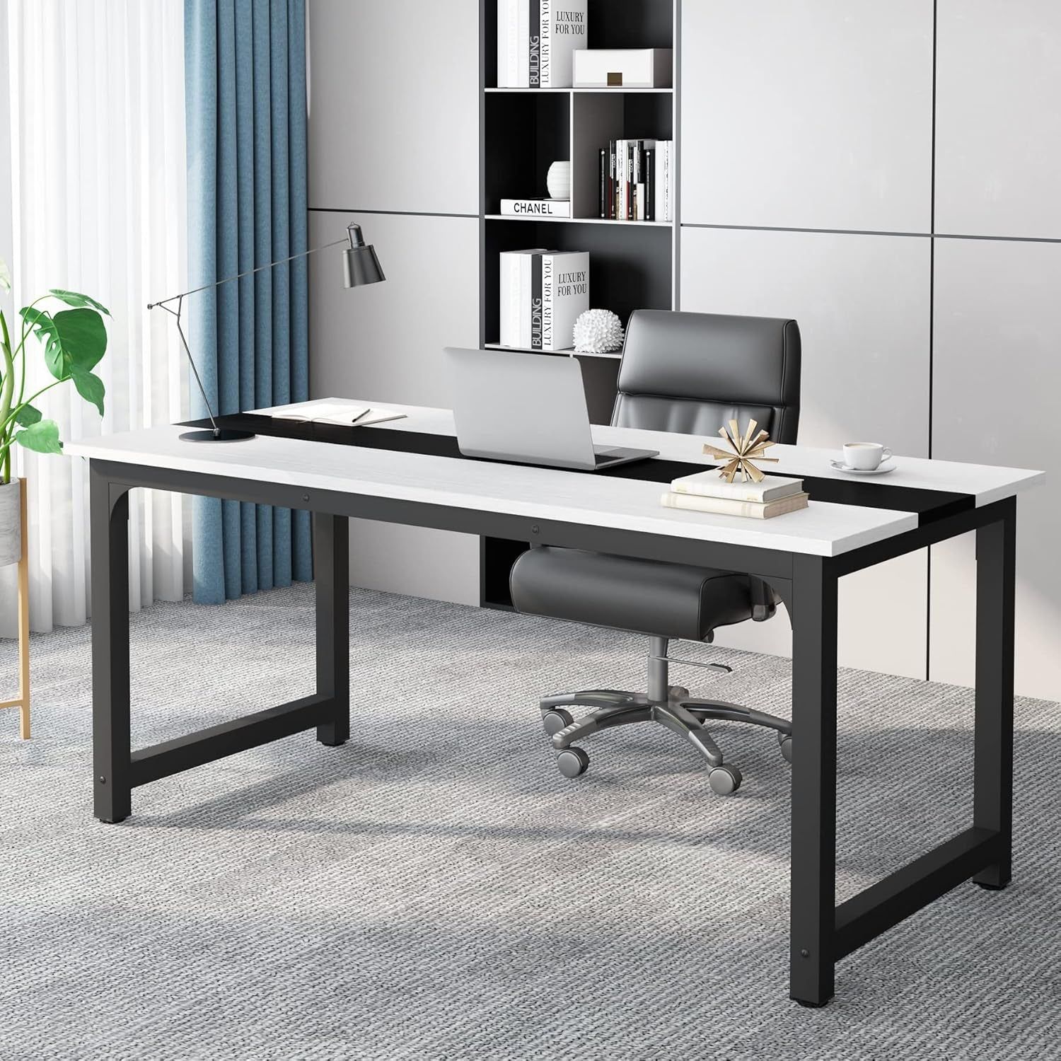 70.8”Executive Desk, Large Office Computer Desk with Thicken Frame, Modern Simple Workstation Business Furniture for Home Office, White/Black