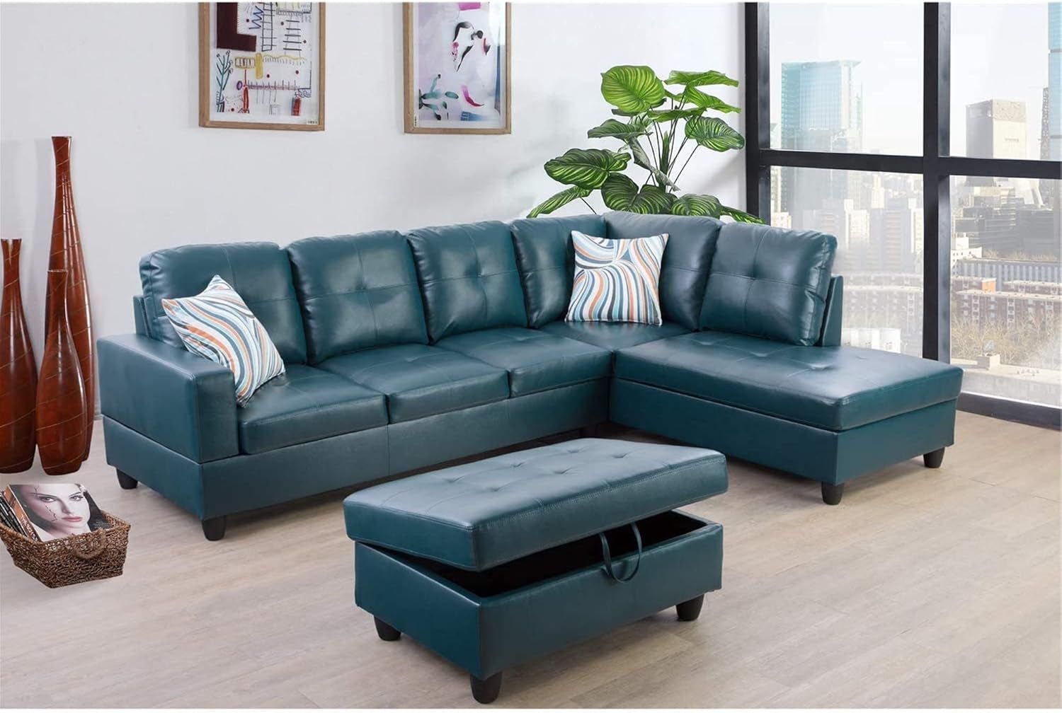 Sectional Sofa Faux Leather Modern L Shaped Couch Set 103.5”Wide Including Chaise and 3 Seating Sofa with Storage Ottoman for Living Room Furniture (Right Hand Facing, A-Denim)
