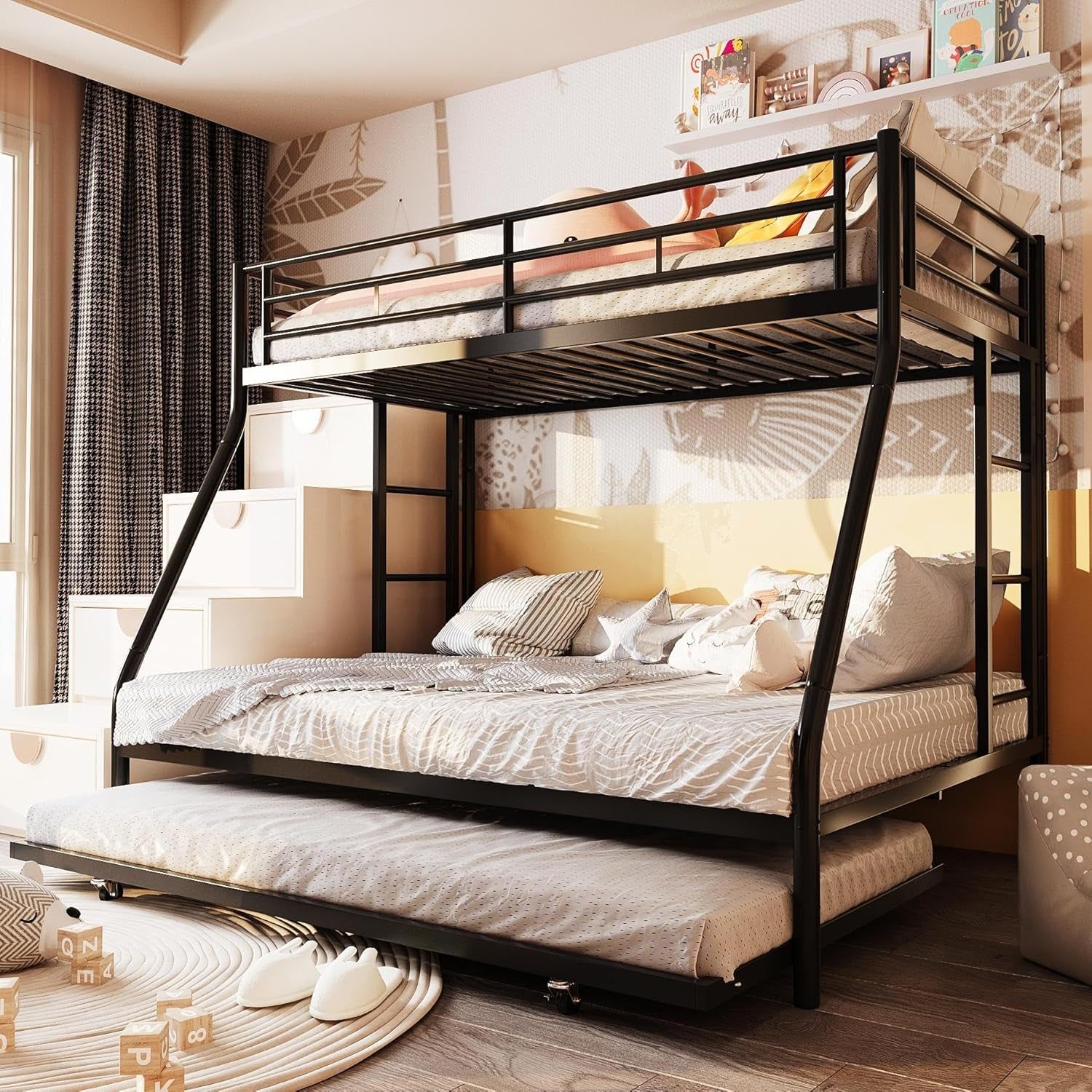 Metal Loft Bed with 2 Secured Ladders, Bunk Bed Twin over Full with Trundle, Trundle Bed Twin Safety Guard, Space-Saving, Noise Free for Small Bedroom, (Black, Twin over Full)