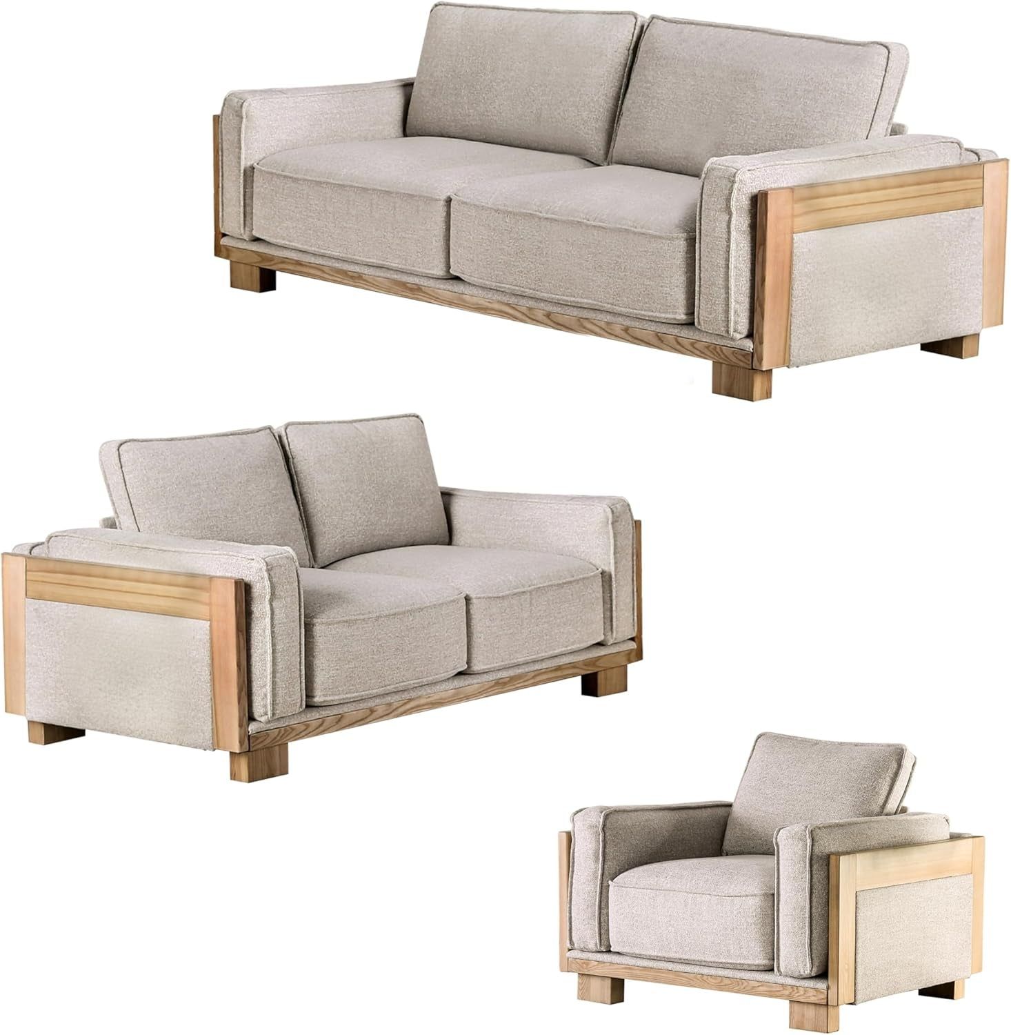 Oran Modern 3-Piece Fabric Upholstered Sofa Set with Track Arms and Reversible Loose Pillow Backs for Living Room, Home Office, Apartment, Light Brown and Natural