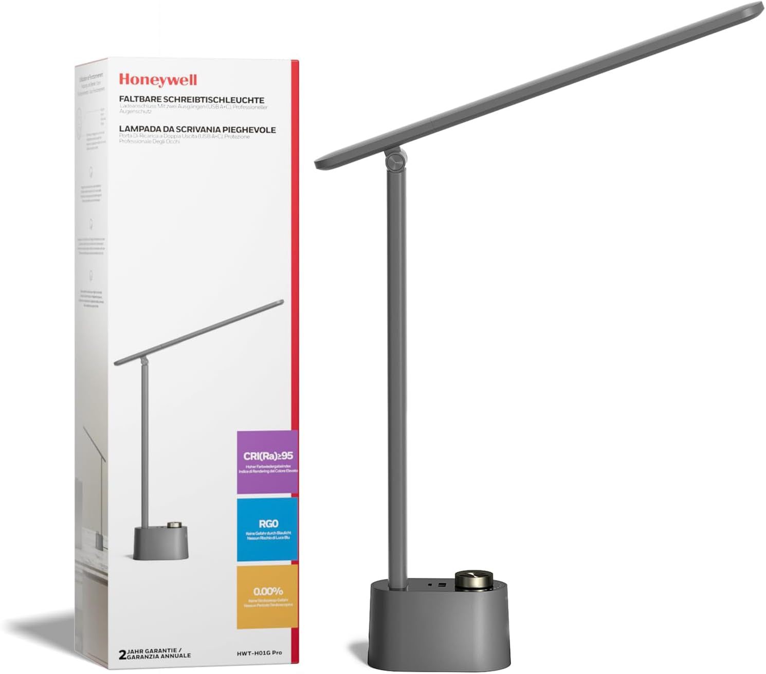 Upgraded LED Desk Lamp - H01 Pro Sunturalux™ Foldable Desk Light with USB A+C Charging Port, 3 Color Modes Dimmable Table Lamp for Home Office Reading(Grey)