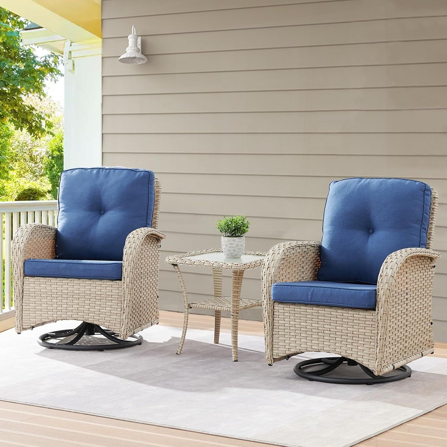 Patio Wicker Chairs Swivel Rocker - Outdoor Swivel Rocking Chairs Set of 2 with Rattan Side Table,3 Piece Patio Swivel Glider Chair Furniture Sets for Patio Porch Pool Light Beige/Blue