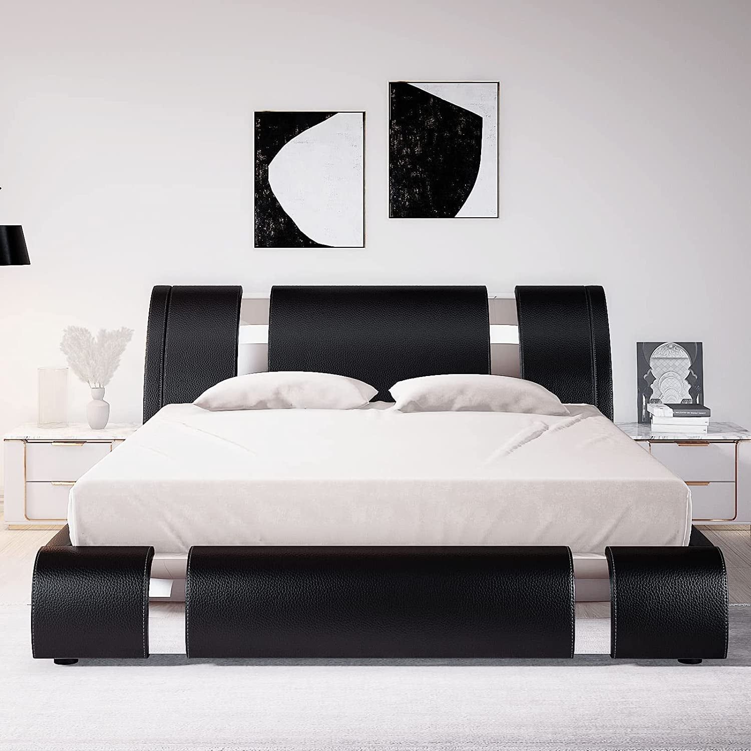Black King Leather Bed, Adjustable Curved Headboard, Modern