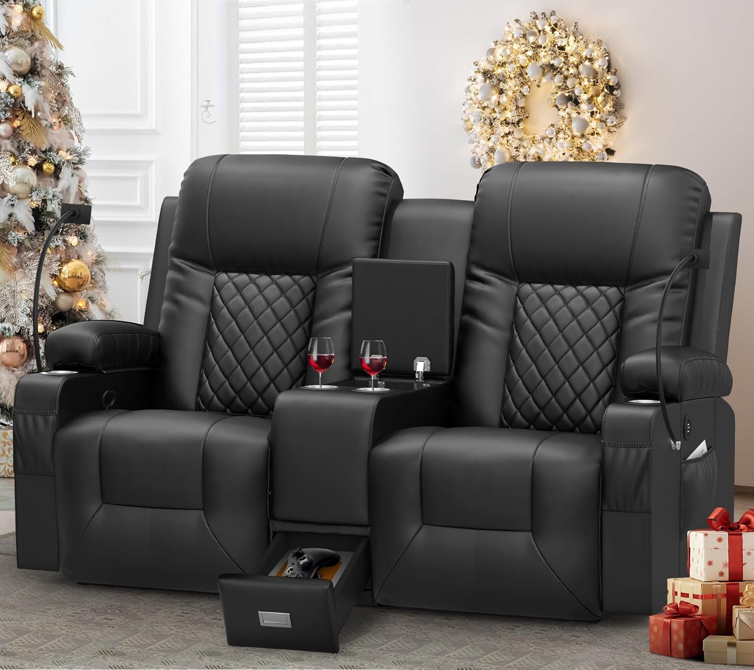 Large Loveseat Recliner, Loveseat Recliner Sofa with Storage Console, Recliner Chair with USB Ports, 2 Cell Phone Holders, Cup Holder, Loveseat Couch for Living Room