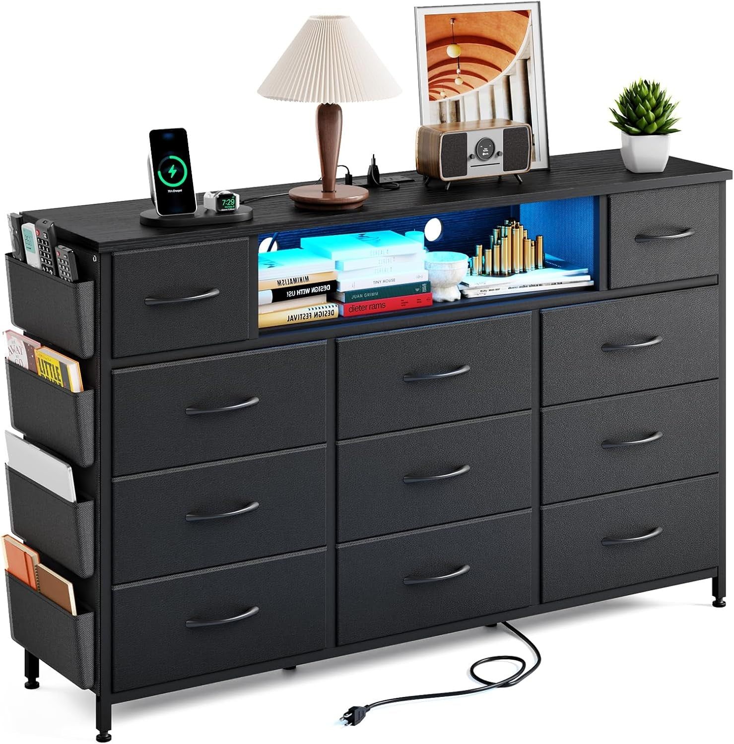 Black Dresser for Bedroom with 11 Drawers and Power Outlets LED Lights with Side Pocket for Kids Bedroom, Fabric Chest of Drawers, for 60Inch TV Long Dresser Storage Organize