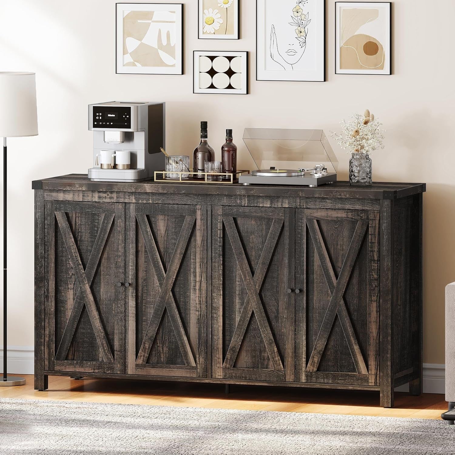 Farmhouse Sideboard Buffet Cabinet with Storage with 4 Doors, 55&#39;&#39; Large Kitchen Storage Cabinet, Wood Coffee Bar Cabinet with Adjustable Shelf for Kitchen, Living Room, Dark Oak