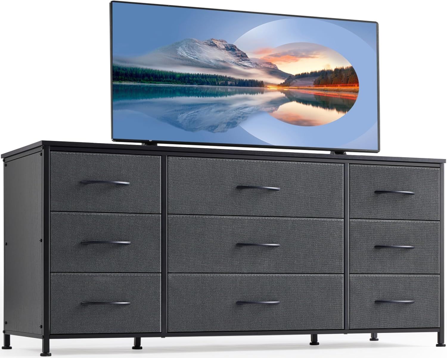 Dresser, Dresser for Bedroom with 9 Drawers, Wide Dresser TV Stand for 55” TV Stand for Bedroom Dresser Long Dressers &amp; Chests of Drawers, Metal Frame&amp;Wood Top, Closet, Hallway, Grey