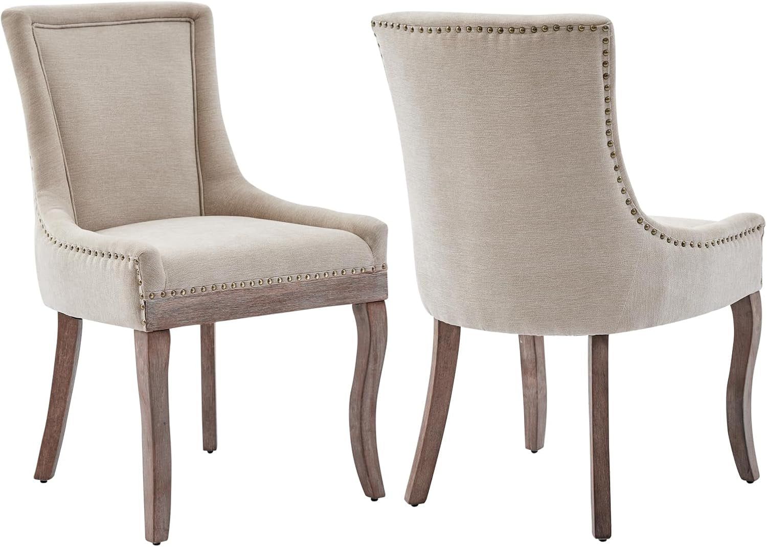 Modern Dining Chairs Set of 2, High Back Dining Chairs Side Chairs with Solid Wood Legs, Upholstered Fabric Dining Room Chairs for Dining Room Kitchen, Beige
