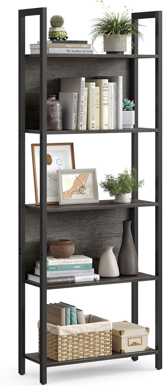 5-Tier Bookshelf, Book Shelf, Industrial Bookcase, with Steel Frame, for Living Room, Home Office, Bedroom, 9.4 X 24.4 X 65 Inches, Charcoal Gray and Black ULLS025B04