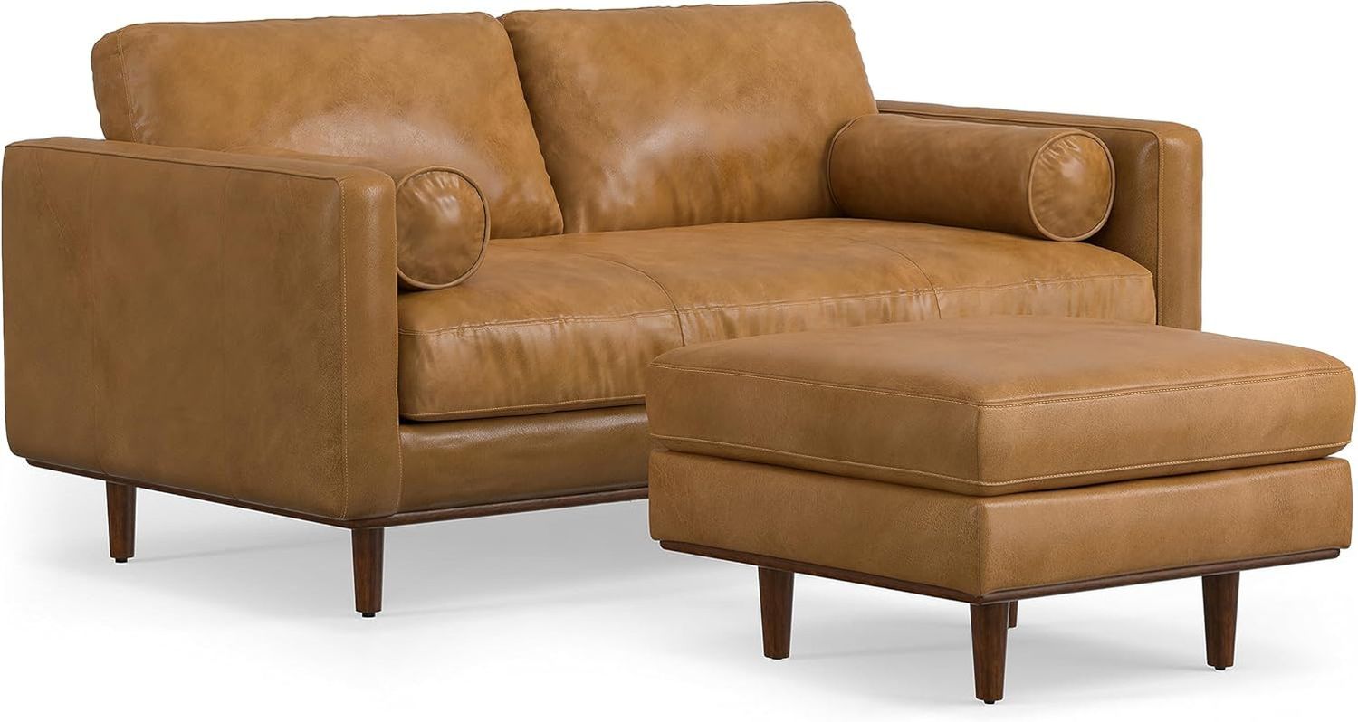 Morrison Mid-Century Modern 72 Inch Wide Sofa with Ottoman Set in Sienna Genuine Leather for the Living Room and Family Room