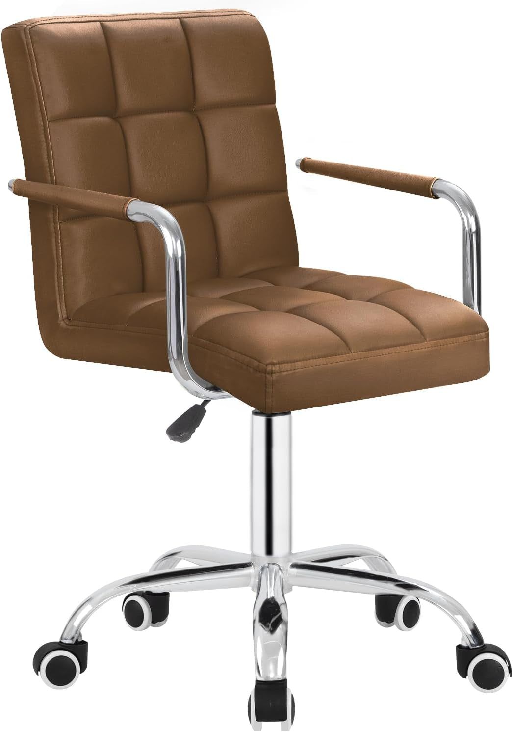 Desk Chair Modern Office Chair with Wheels Vanity Chair PU Leather Mid-Back Rolling Chair Cute Chair for Office, Teen, and Bedroom Desks (Brown)