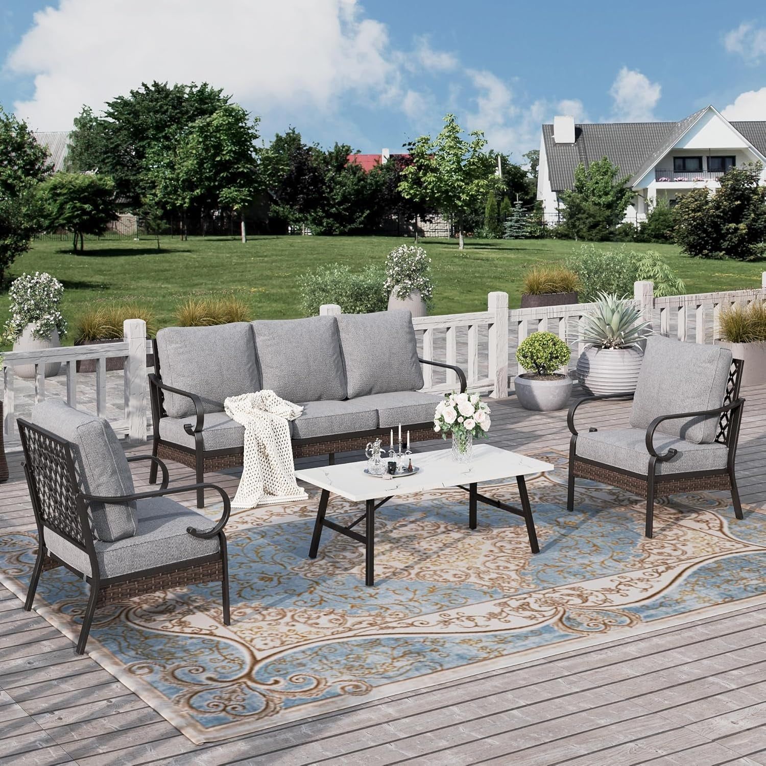 4 Piece Patio Furniture Set, 2 X Cushioned Metal Chair, 1 X 3-Seat Sofa with Coffee Table, All Cushioned 5 Seats Patio Conversation Set for Lawn Garden Backyard Deck, Grey