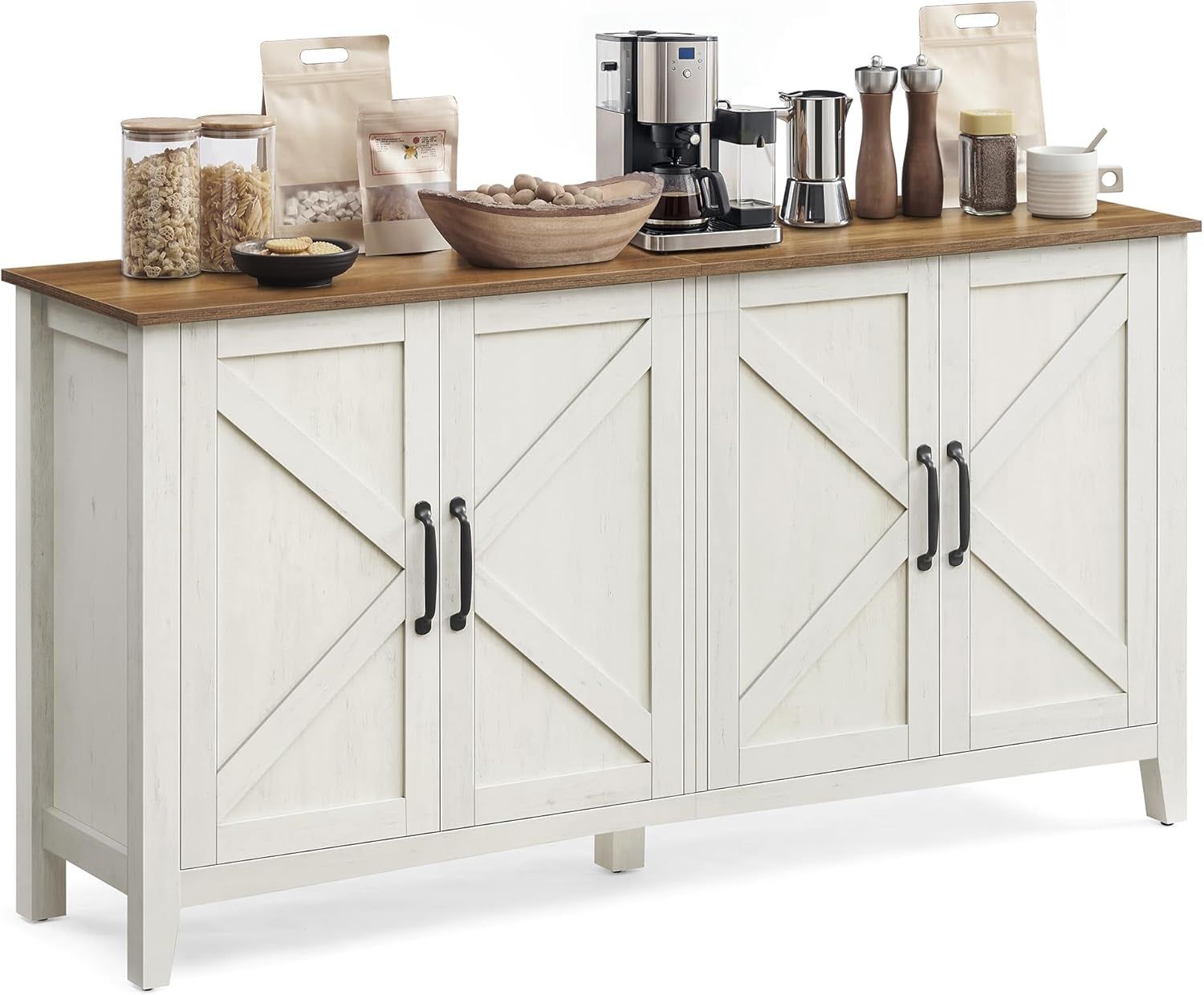 Rustic White Honey Brown Buffet Cabinet with Shelves