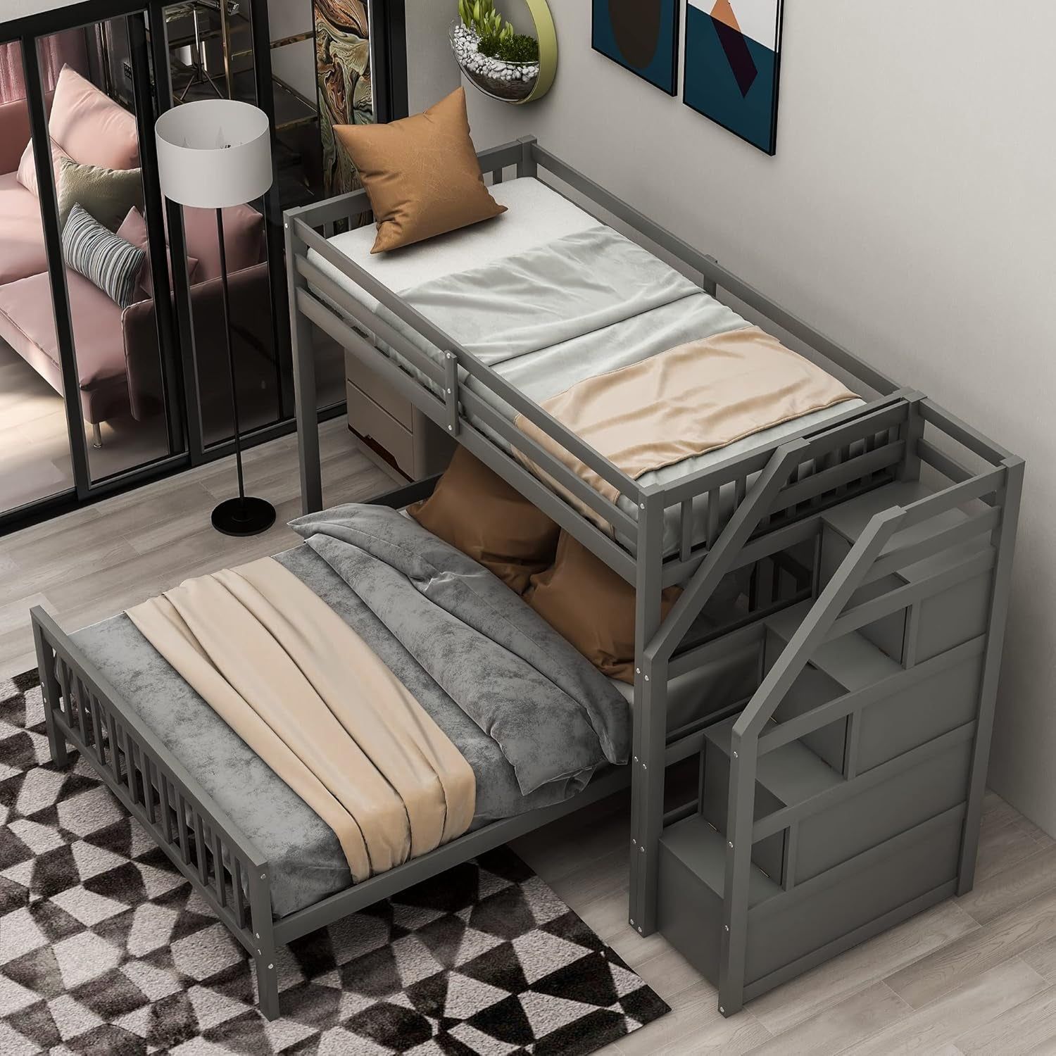 Twin over Full Bunk Bed with Stairs, Solid Wood Bunk Bed with Storage for Kids Teens Adults (Gray)