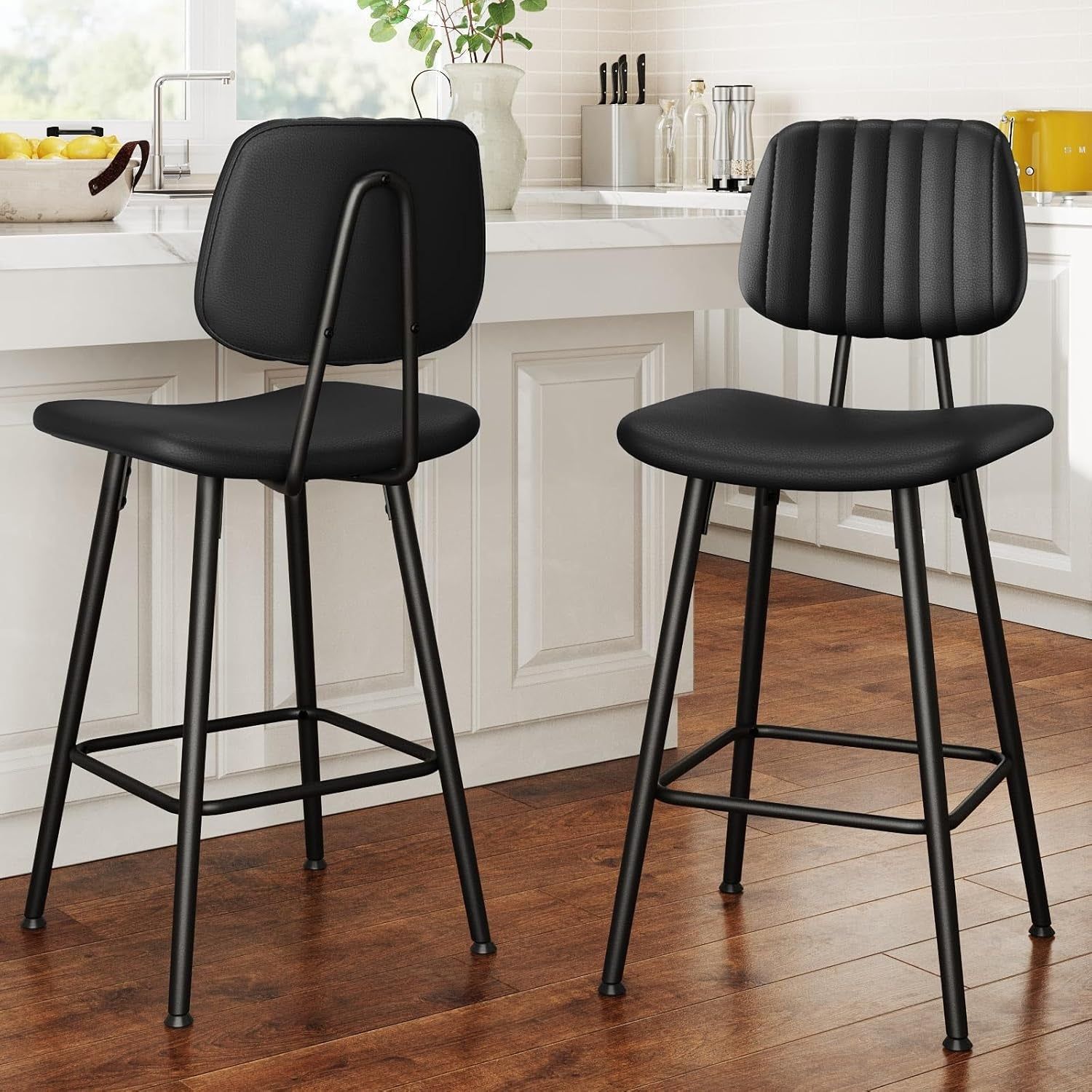 Bar Stools Set of 2, 24.6 Inch Counter Height Barstools, High Backrest Faux Leather Upholstered Counter Stools with Armless Footrest Modern Bar Chairs Tall Pub Stools for Kitchen Dining,Black