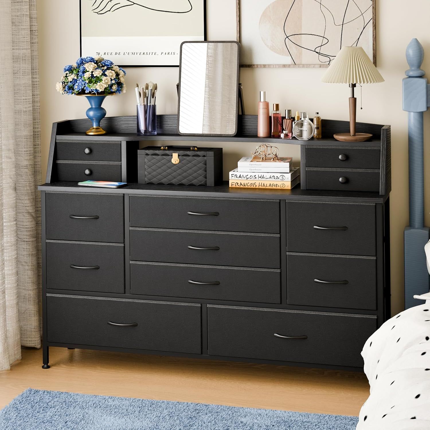 Black Nursery Dresser for Bedroom with 13 Drawers, Fabric Chest of Drawers with PU Finish for Kids, Boys, Adults, Nursery, Living Room, Closet, Entryway, Hallway (No LED Lights)
