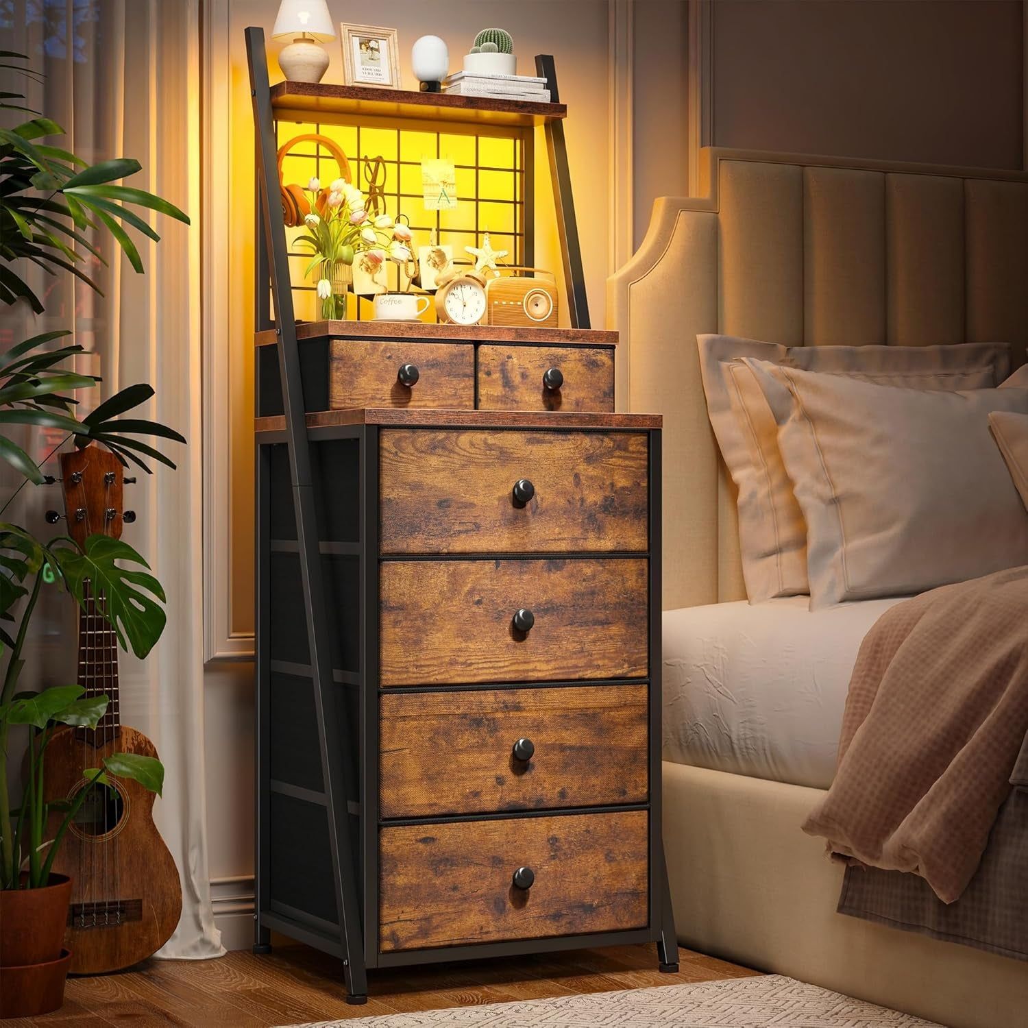 Vertical Dresser for Bedroom 6-Drawer LED Dressers &amp; Chest of Drawers Sturdy Bedroom Dressers with Grid for Living Room,Closet,Entryway,Dorm,Rustic Brown