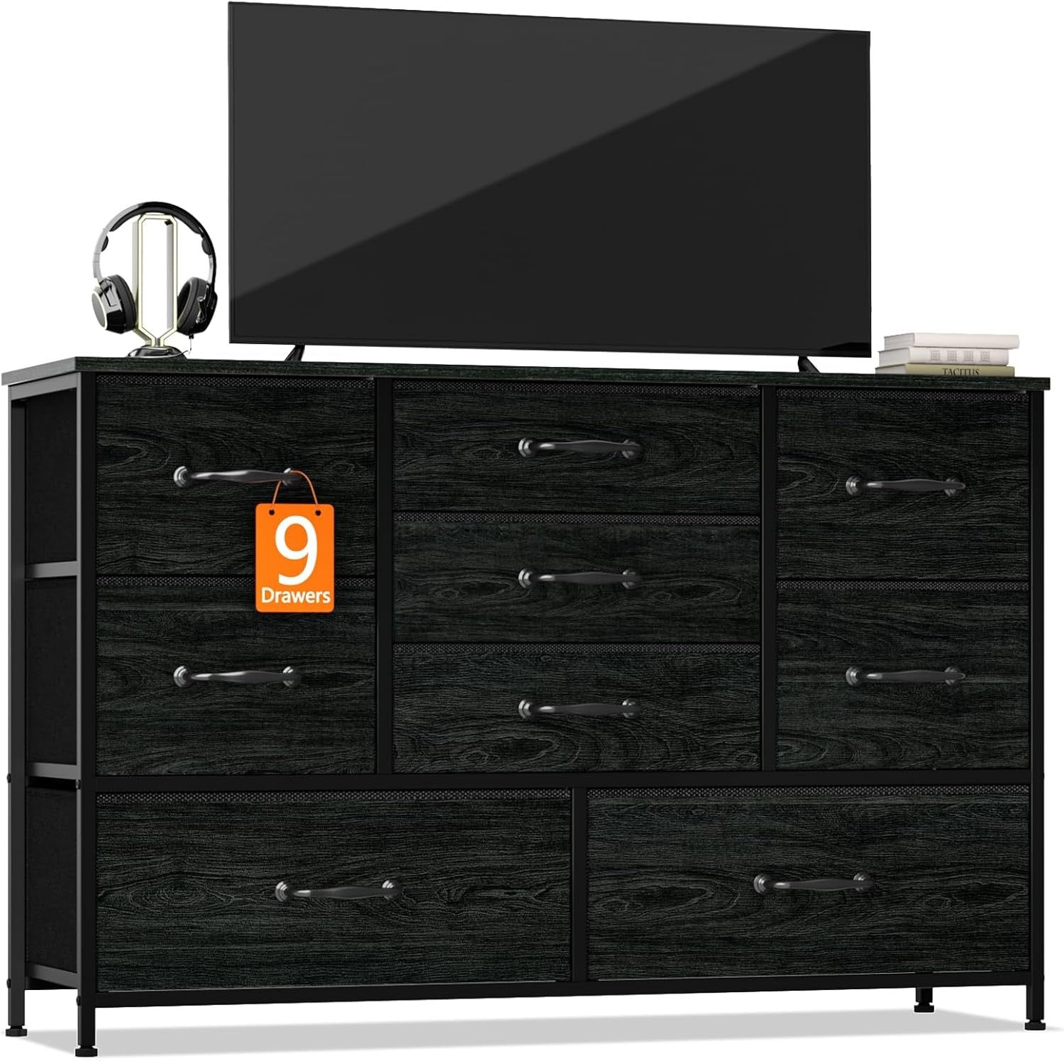 Wide Dresser with 9 Large Drawers for 55&#39;&#39; Long Chest TV Stand Entertainment Center,Wood Shelf Storage for Bedroom,Dorm Room,Closet,Entryway,Sturdy Metal Frame(Black Oak)