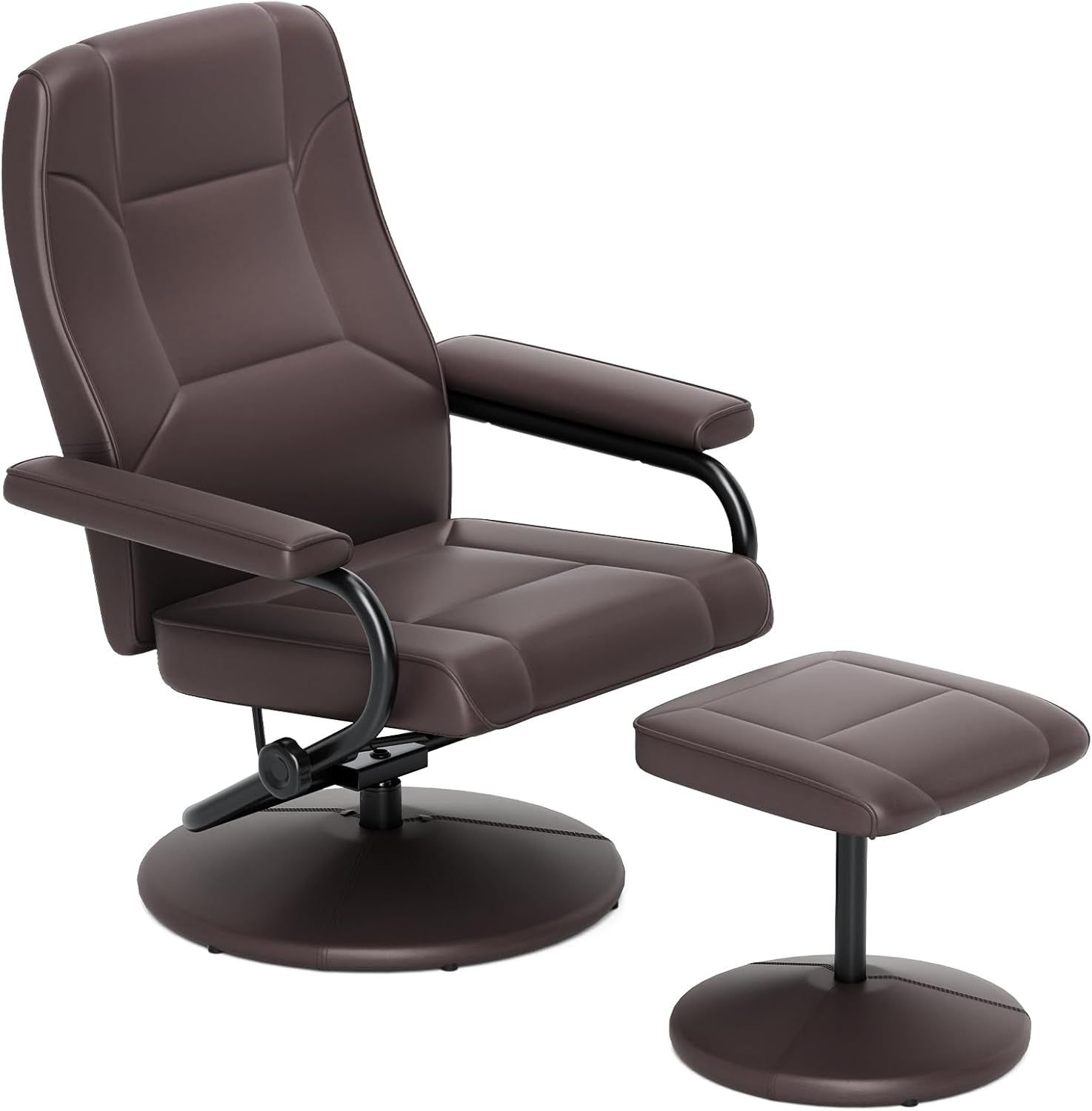 Recliner Chair with Ottoman, 360° Swivel Faux Leather Reclining Chair W/Adjustable Backrest, Footrest, Sturdy Metal Base, Upholstered Armchair for Living Room Bedroom Study, Office, Brown