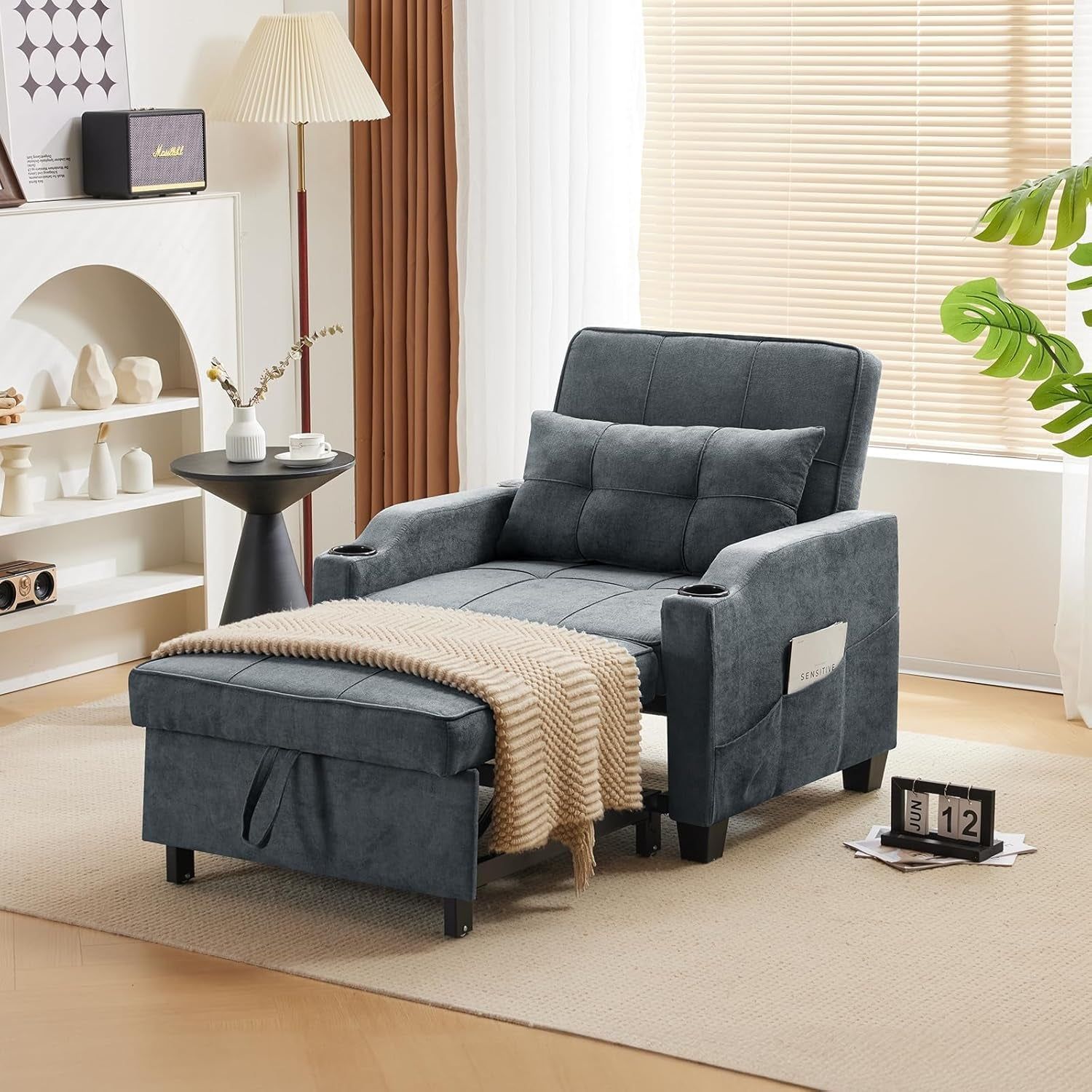Sofa Bed Chair Recliner, 3-In-1 Convertible Sleeper Sofa Chair Bed Dark Gray Daybed Pull Out Couch Bed with Adjustable Backrest, USB Ports, Cup Holders for Small Spaces Living Room