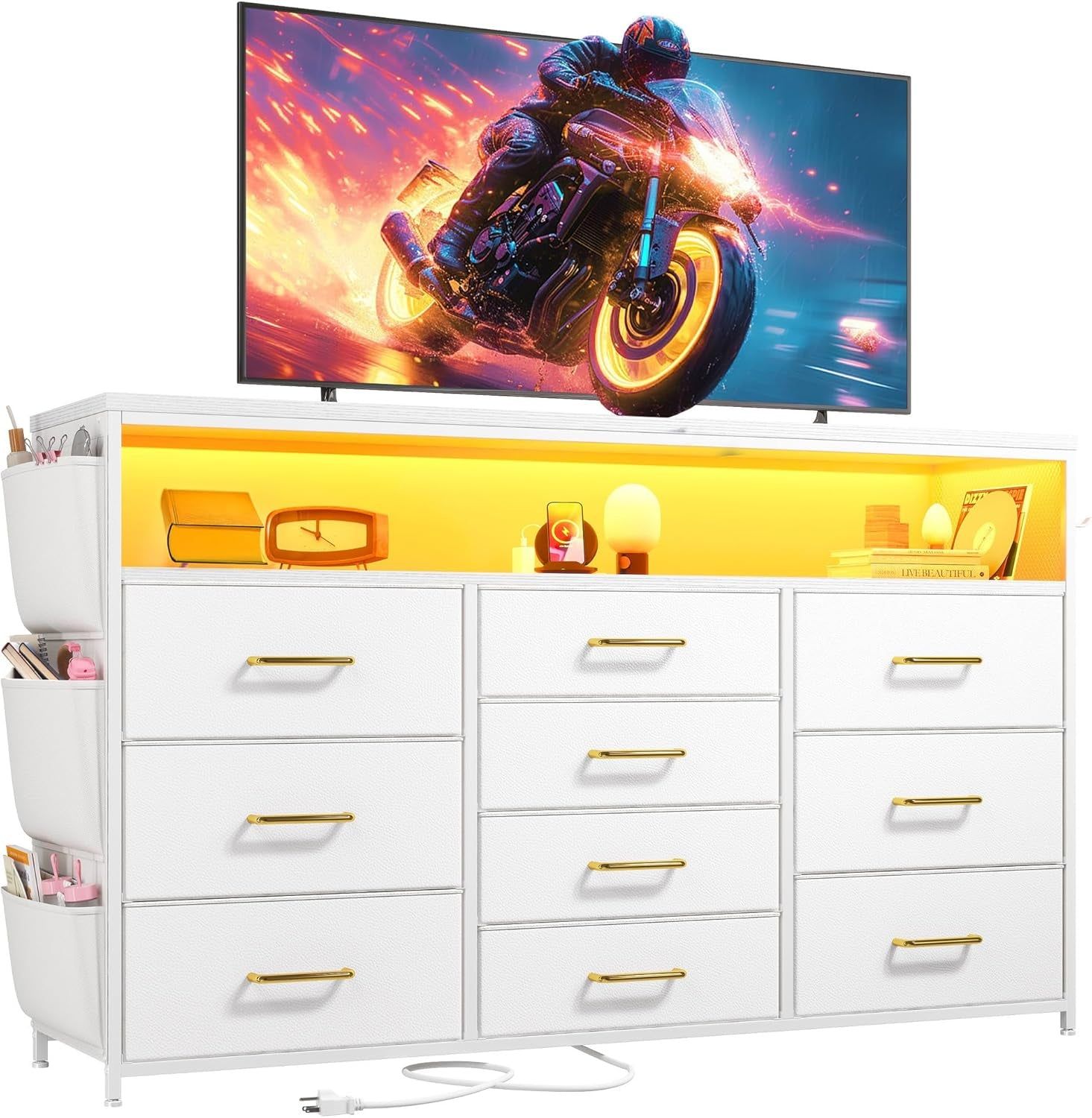 Dresser TV Stand with 10 Drawers for 55&quot; TV Stand for Bedroom with LED Lights &amp; Power Outlets Wide Dresser for Bedroom with Shelves &amp; Side Pockets Sturdy Metal Frame &amp; Wood Top, White