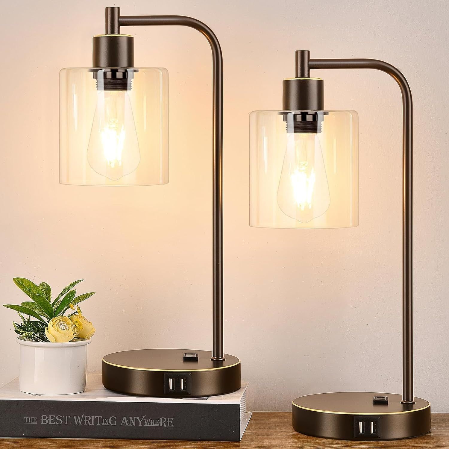Industrial Touch Table Lamps Set of 2 - Bedside Lamps with 2 USB Ports &amp; AC Outlet, 3-Way Dimmable Nightstand Desk Lamp for Bedroom Living Room, Glass Shade &amp; 2 LED Bulbs Included - Oil-Rubbed Bronze