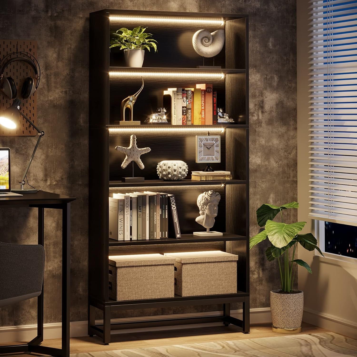 Tall Bookcase Black Bookshelf, 70.8” Large Bookcases Organizer with LED Lights, Heavy Duty Free-Standing Library Bookshelf with 5-Tier Storage Shelves for Living Room, Bedroom (Black)