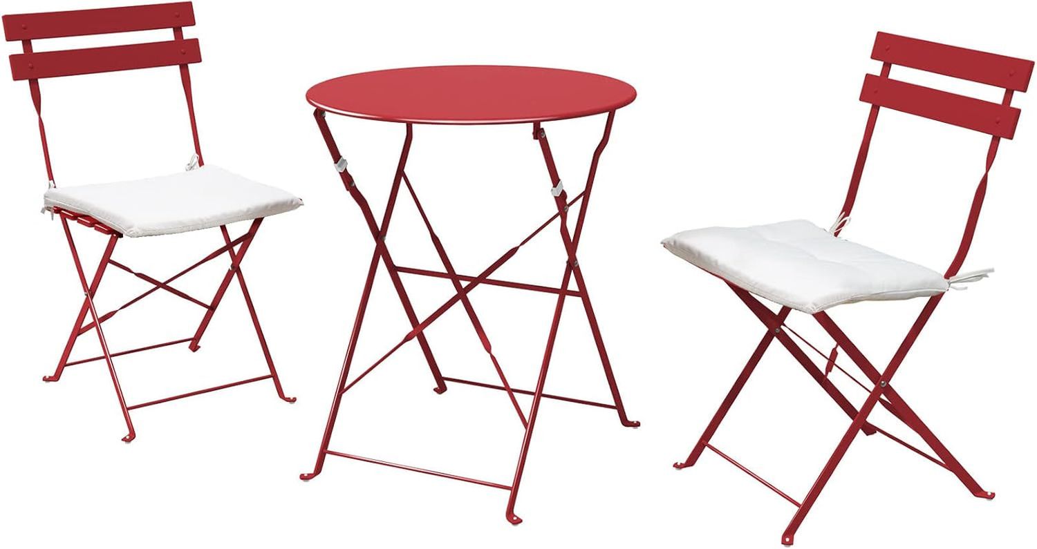 3-Piece Bistro Set Folding Outdoor Furniture Sets with Premium Frame Portable Design for Bistro &amp; Balcony (Red with Cushion)