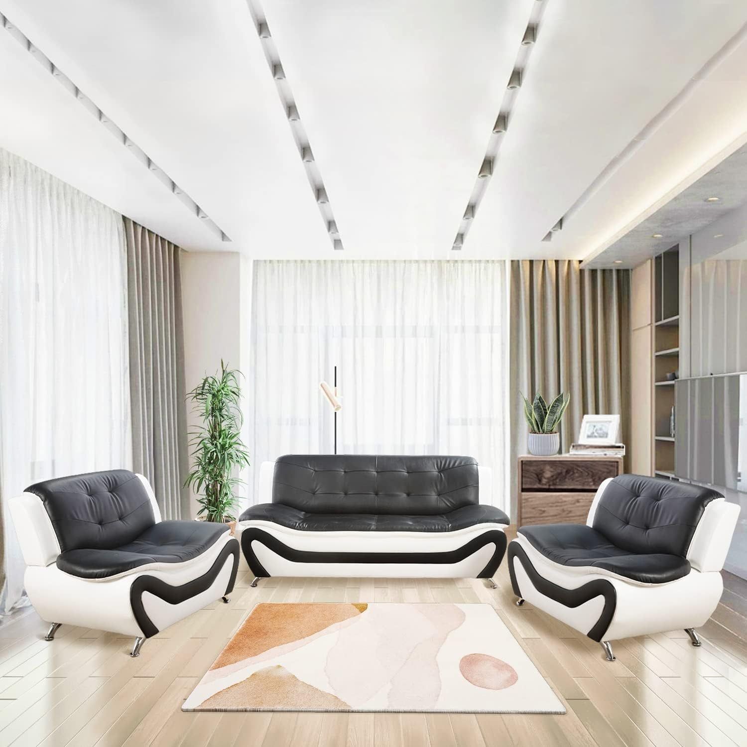 Living Room Furniture Set, Faux Leather Sofa Couch Set, 3 Pieces Modern Sofa Set for Living Room/Apartment/Office (Black&amp;White)