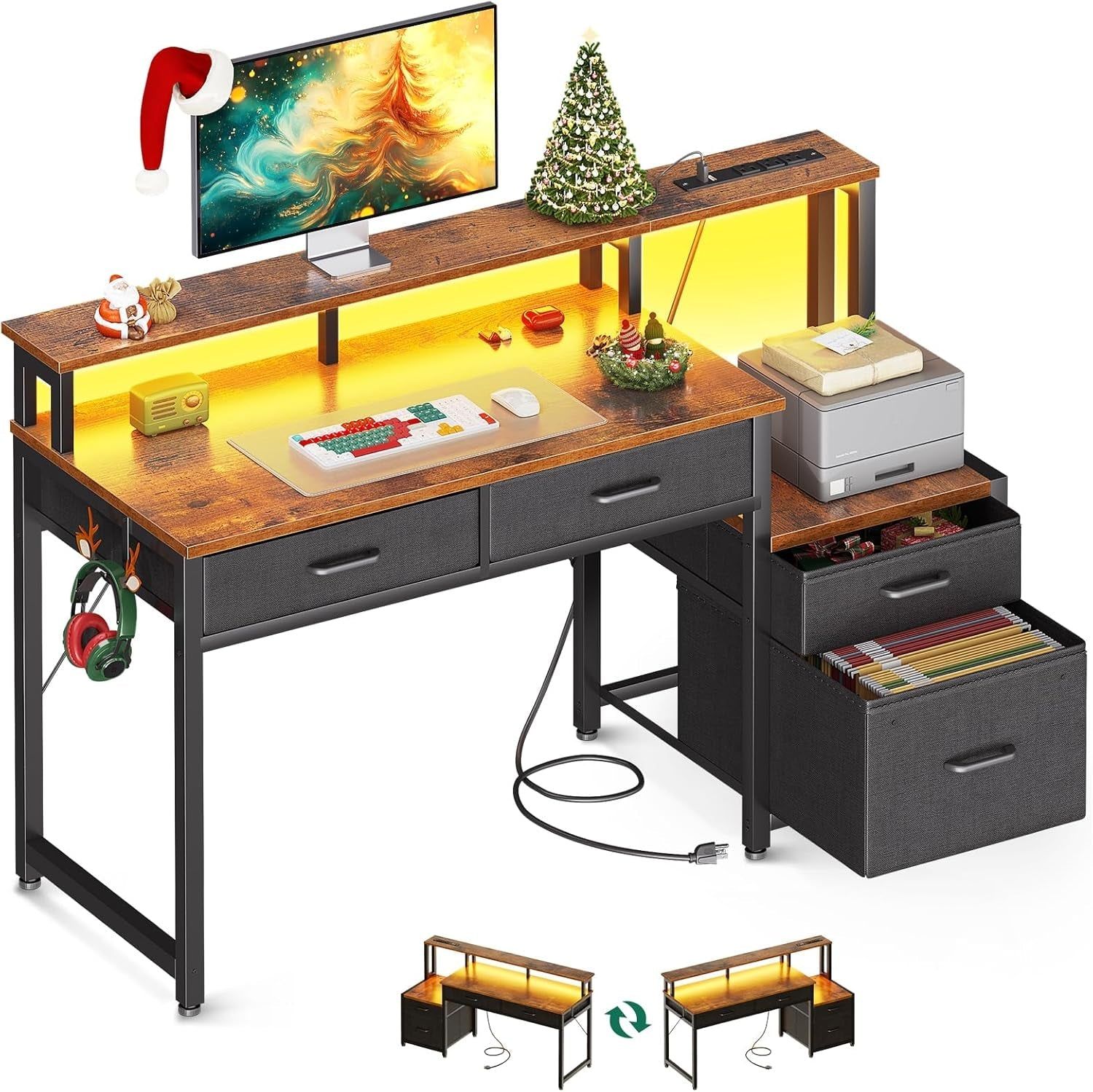 48-Inch Computer Desk with Fabric File Cabinet and Fabric Drawers, Reversible Office Desk with LED Strip and Power Strip, Gaming Desk with Monitor Riser, Writing/Study Table for Home, Vintage