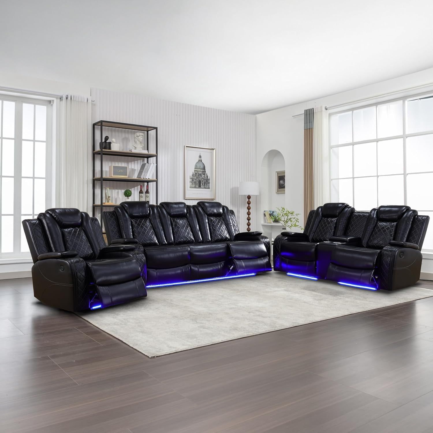 Power Recliner Sofa Set with LED Lights,Leather Reclining Sofa with USB Port/Wireless Charger/Storage Console/Cup Holder,3 Piece Reclining Living Room Set for House/Home Theater(3 Piece Set,Black)
