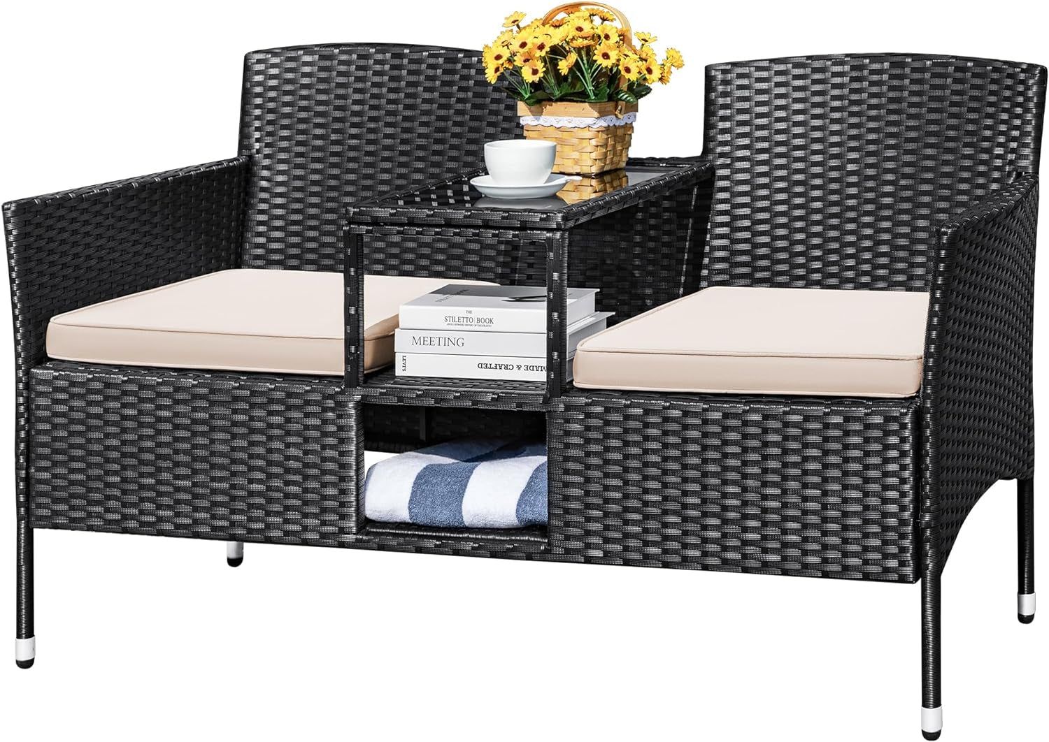 Outdoor Patio Loveseat Modern Rattan 2-Seat Patio Conversation Set with Cushions &amp; Built-In Coffee Table Porch Furniture for Garden Lawn Backyard (Beige)