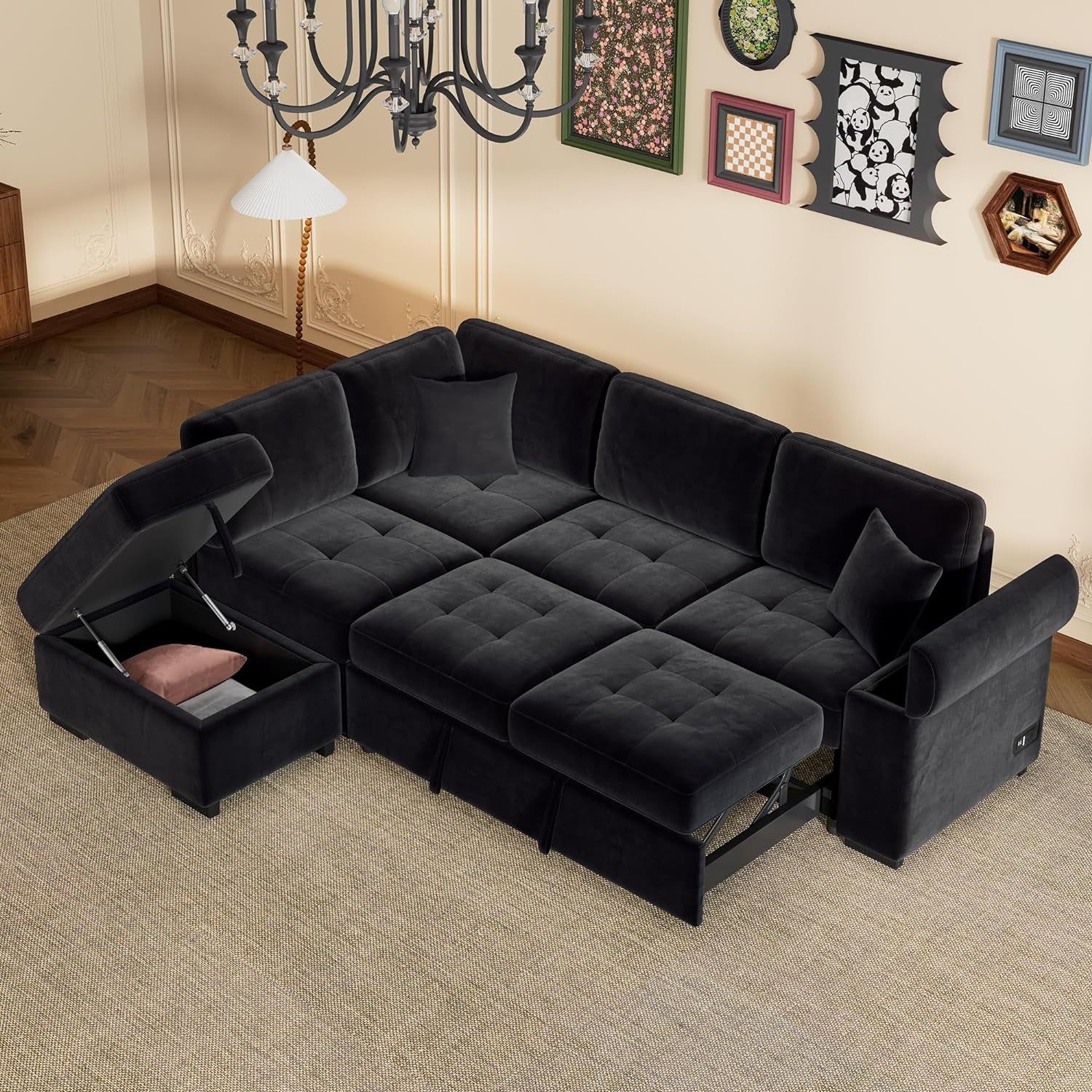 87.5&quot; L-Shape Sleeper Sectional Sofa Bed with Storage Ottoman &amp; Hidden Arm Storage, Sectional Corner Couch Sofa-Bed for Living Room Apartment