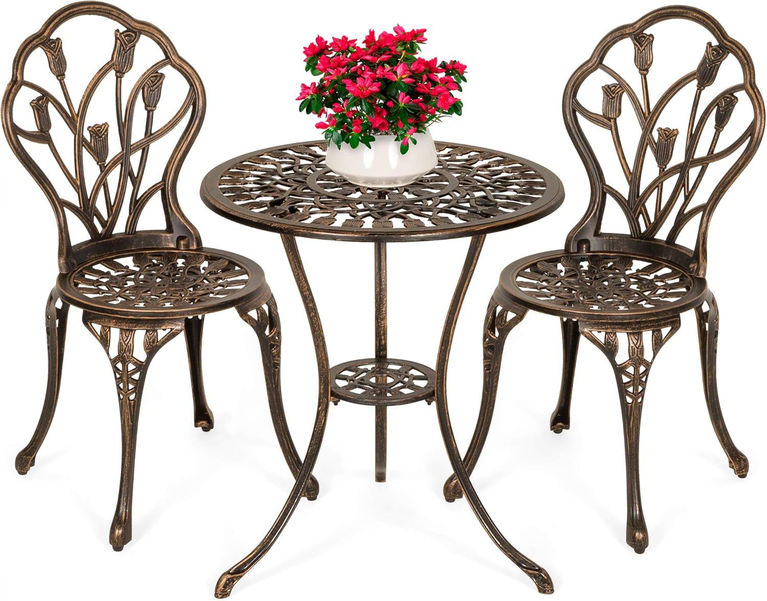 3-Piece Outdoor Rust-Resistant Cast Aluminum Patio Bistro Set W/Tulip Design, Antique Finish - Copper