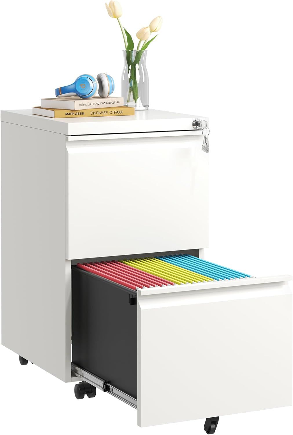 2 Drawer Mobile File Cabinet with Lock,Rolling Metal Office Storage Filing Cabinet under Desk for Home Office,Legal/Letter/A4, Fully Assembled,White