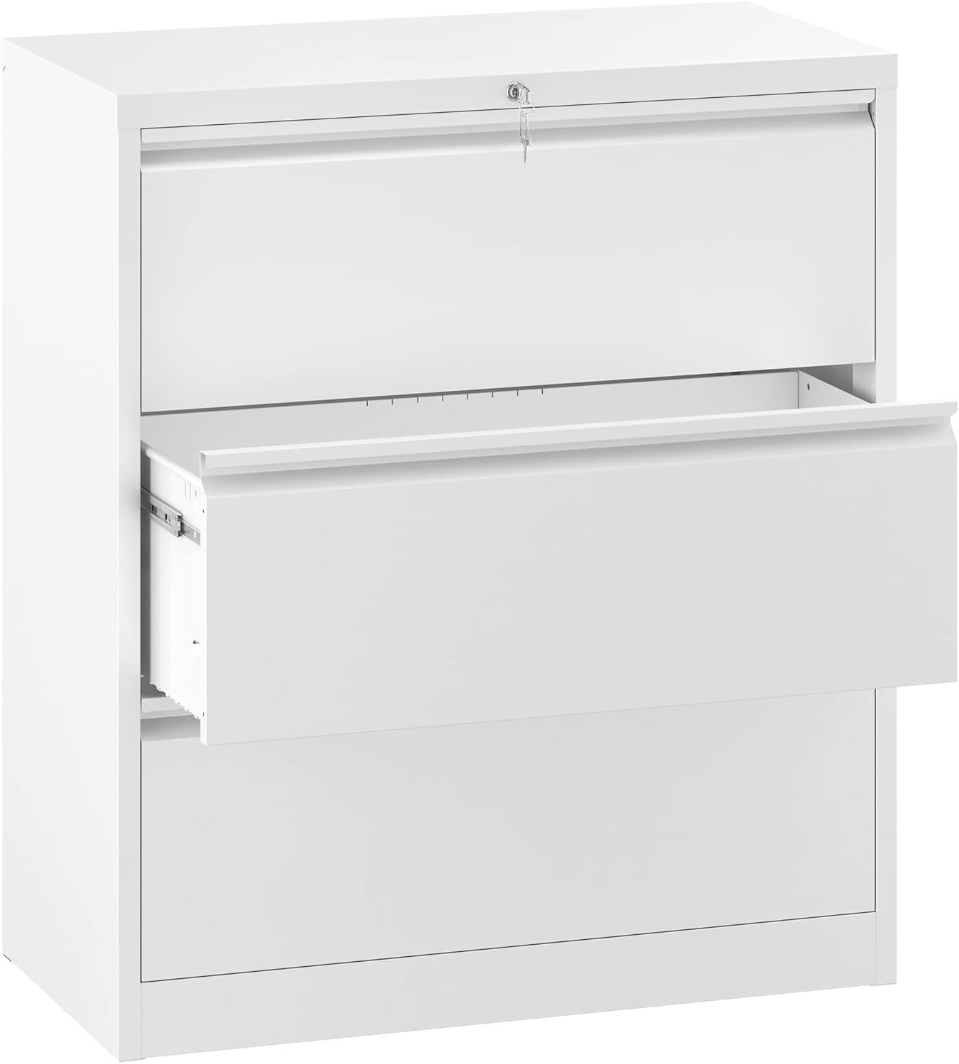 3 Drawer Lateral File Cabinet with Lock, Metal Stainless Steel Wide Lateral Filing Cabinet for Legal/Letter A4 Size, Office Organizer Storage Cabinet,White