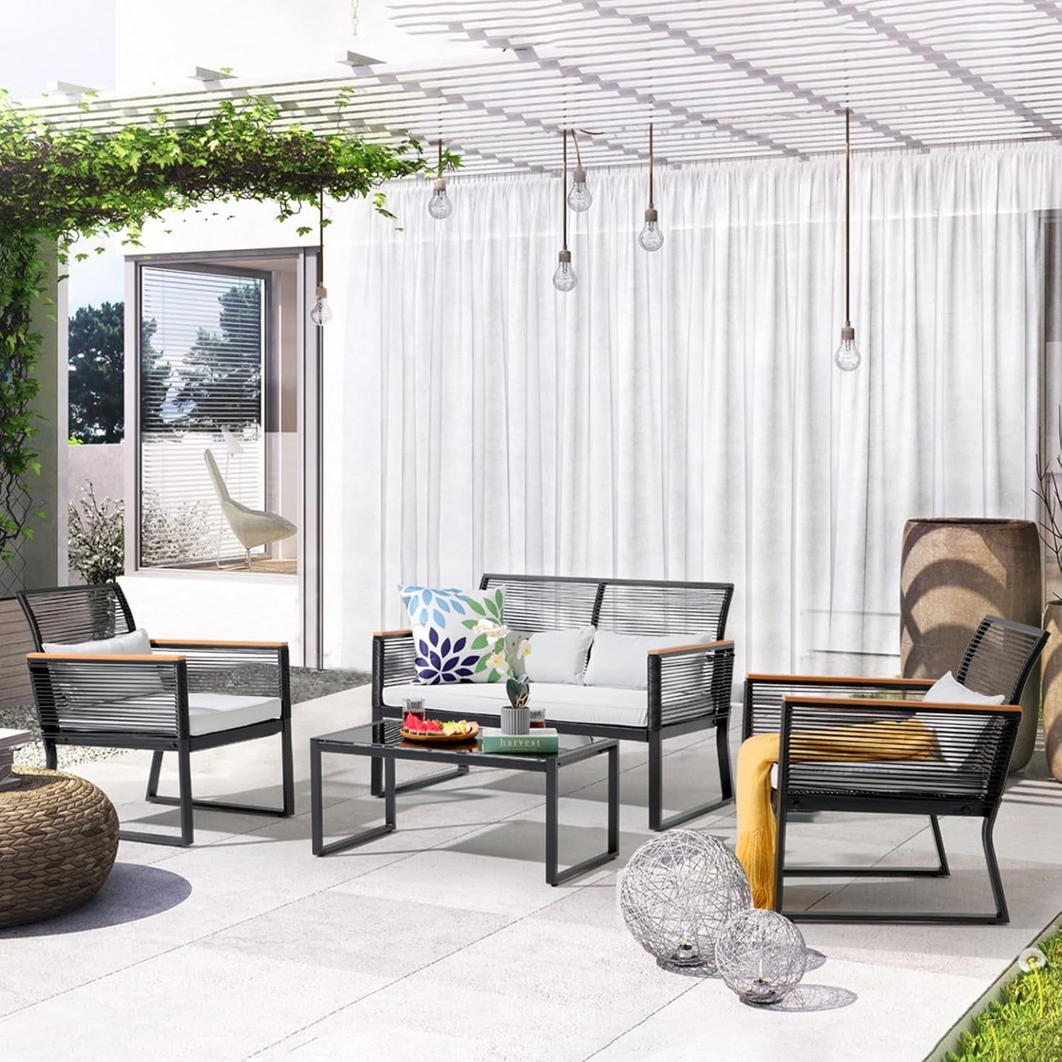 4 Piece Patio Furniture Set, Outdoor Wicker Bistro Set, All-Weather Black PE Rattan Conversation Set W/Coffee Table, Loveseat, Wood-Like Armrest, Cushions for Garden Balcony Deck, Light Grey