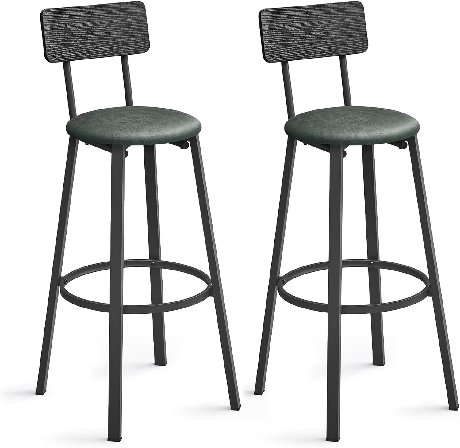 Bar Stools, Set of 2 PU Upholstered Breakfast Stools, 29.7-Inch Barstools with Back and Footrest, Simple Assembly, for Dining Room Kitchen Counter, Classic Black and Forest Green ULBC069C01