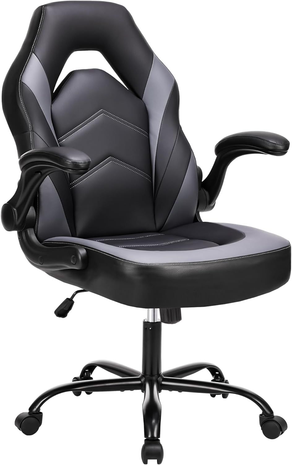 Computer Game Desk Chair - Ergonomic PU Leather Lumbar Support, Height Adjustable High Back Video Game with Flip-Up Armrest, Rolling Swivel for Adults, Grey