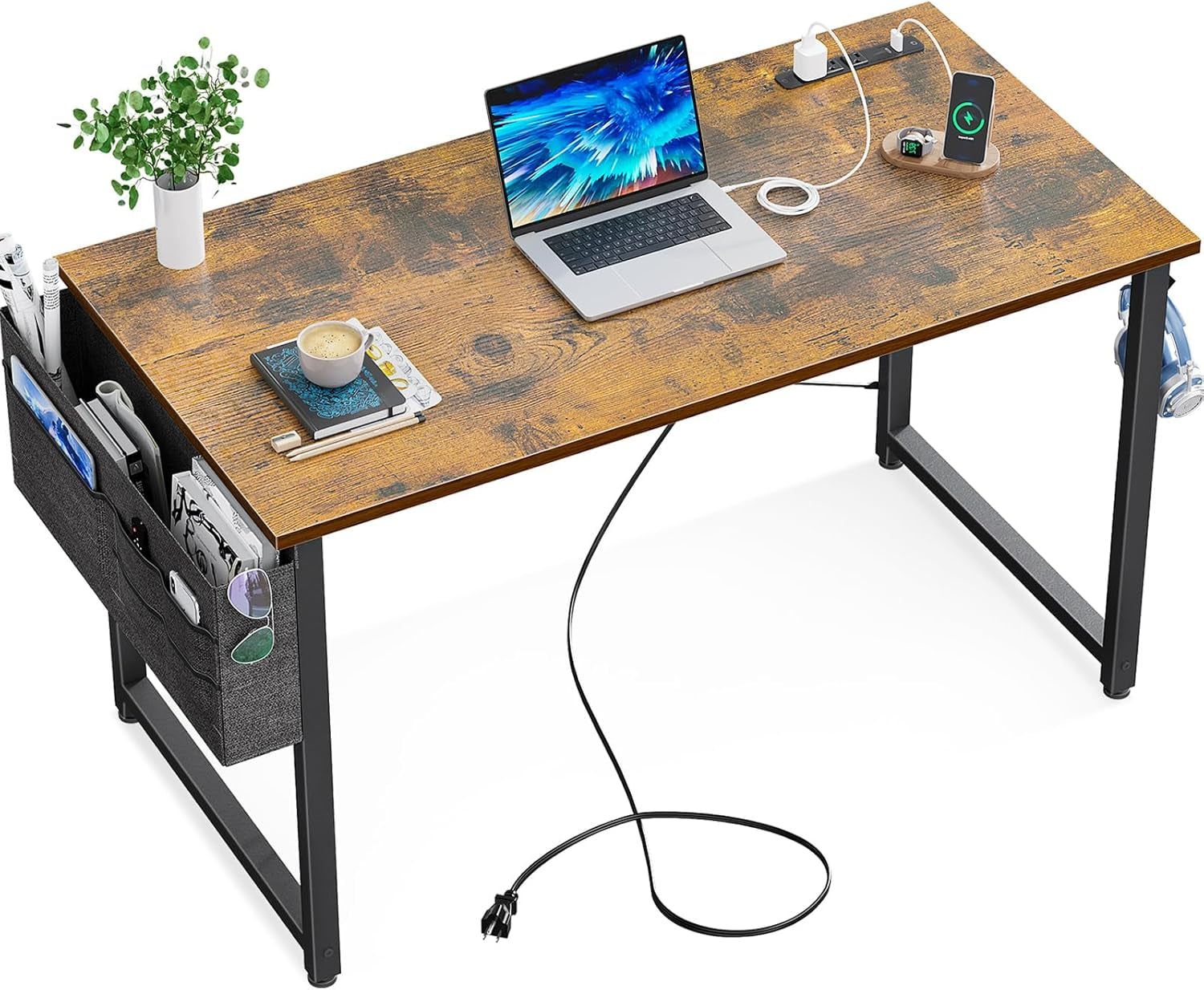 Small Desk with Power Outlets and USB Port Computer Desk for Home Office Gaming Simple Modern Style Writing Desks with Storage Bag Headphone Hook, 40 Inch, Rustic Brown