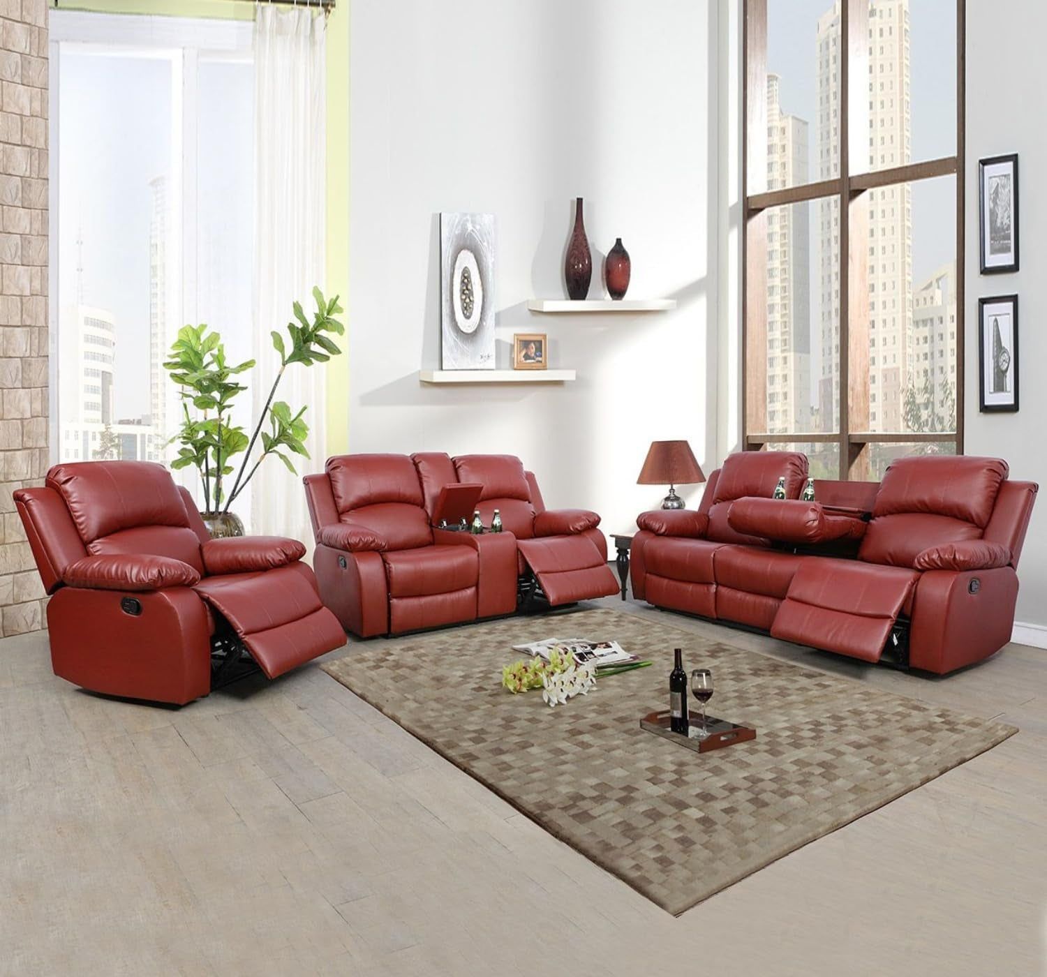 Leather Recliner Sofa Set，Leather Reclining Sofa Set for Living Room Furniture Sets，Red Recliner Couch Set for Living Room/Office/Theater Seating(Sofa Set 3 Pieces)