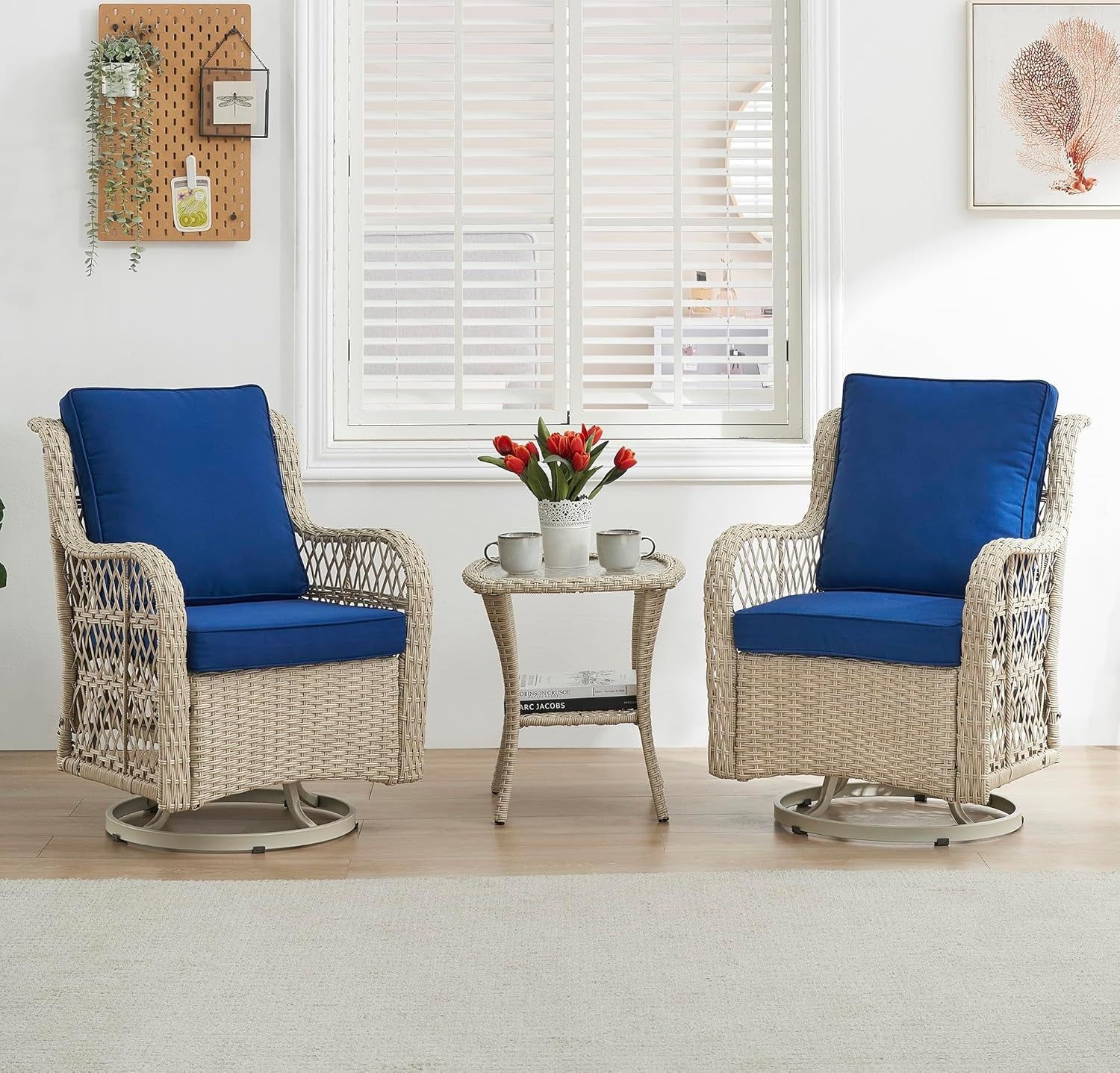 3 Piece Patio Furniture Sets Wicker Swivel Patio Chairs, Swivel Rocking Chairs Set of 2 with Rattan Side Table, 360-Degree Swivel Rocking Chair for Patio Porch Pool (Light Beige), Onesize