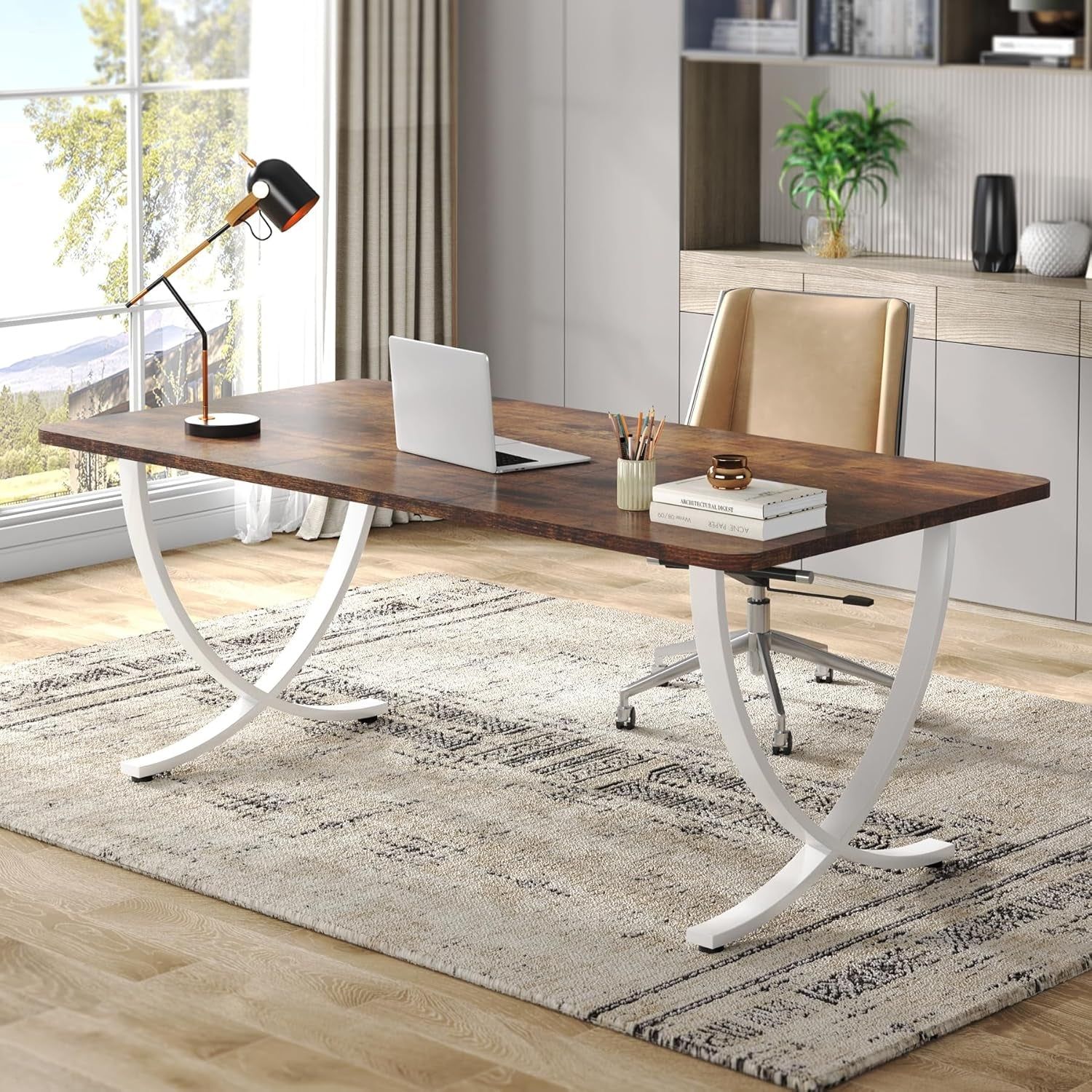 Executive Desk, 63” W X 31.5” D Large Office Desk, Modern Computer Desk Conference Table Meeting Room Table, Business Furniture for Home Office, White and Walnut