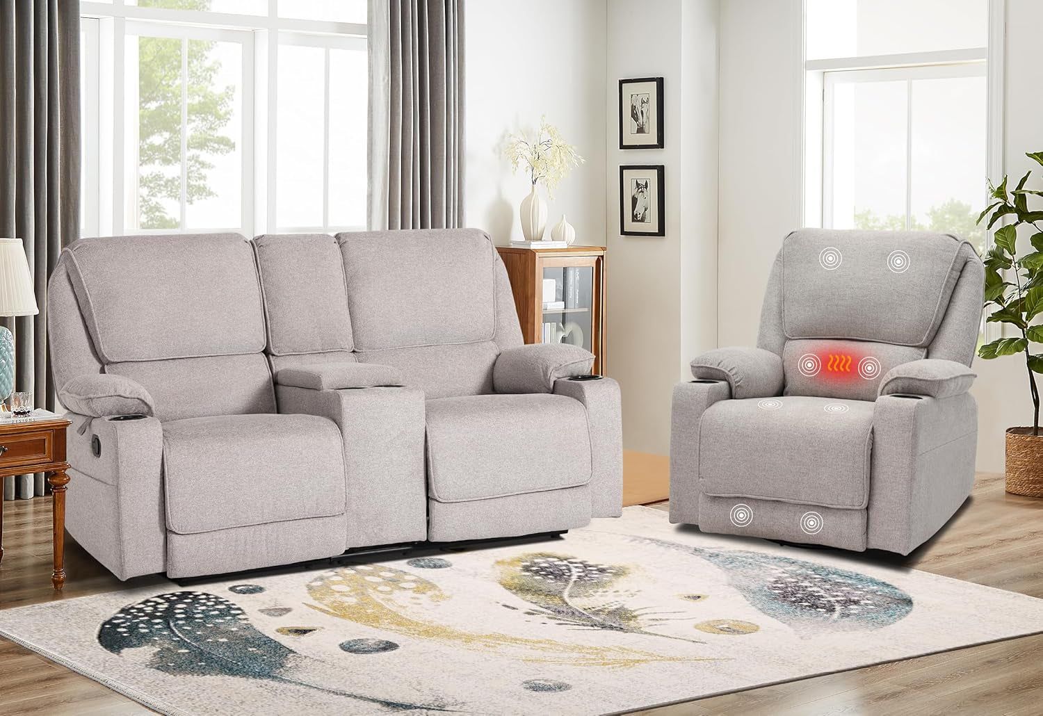 Reclining Living Room Set, 2-Piece Recliner Furniture Sofa, Loveseat Recliner and Swivel Recliner Chair with Cup Houlders for Living Room,Light Grey